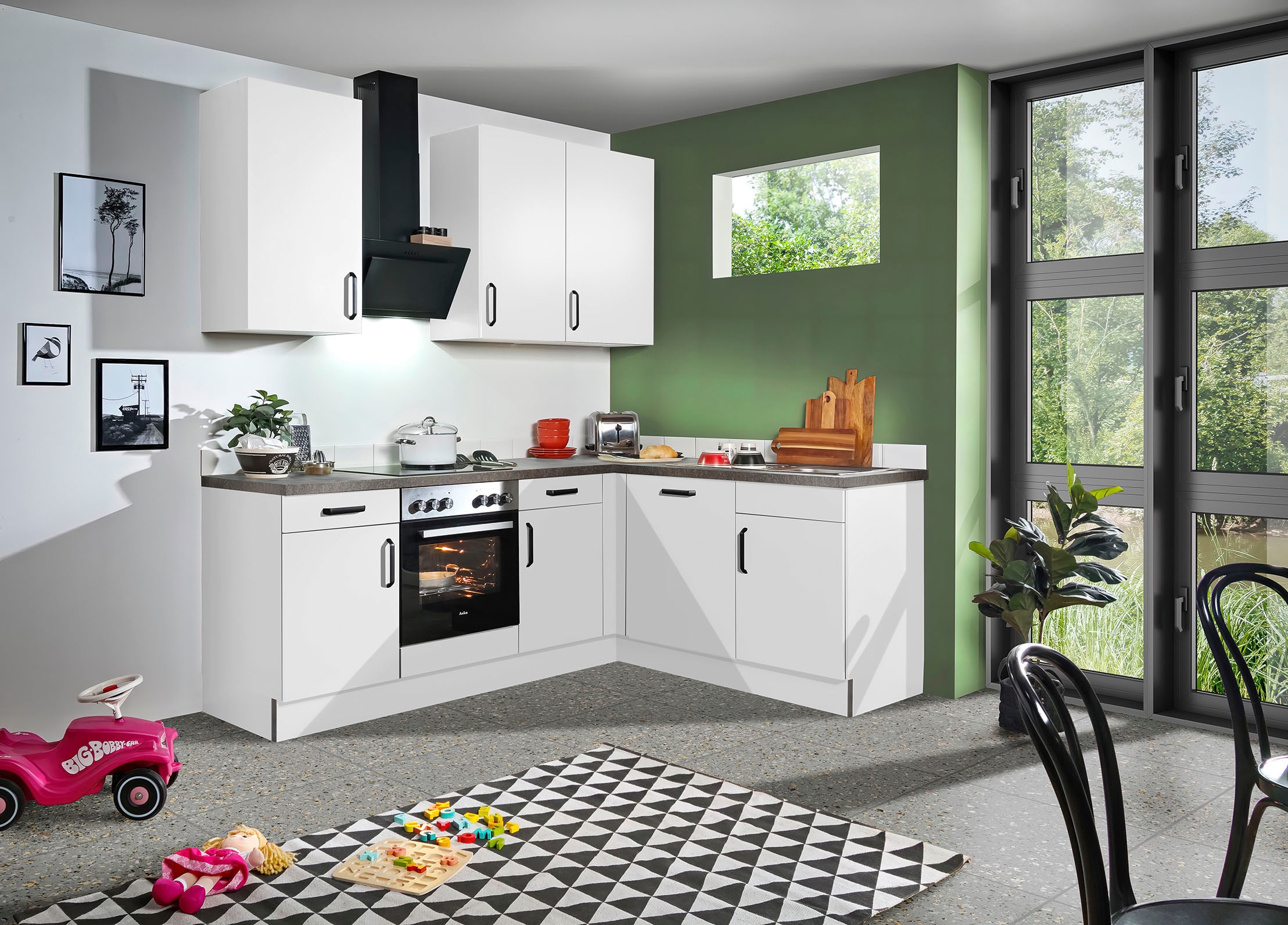 wiho Küchen Winkelküche »"Simi", mit verstellbaren Füssen, wahlweise mit E-Geräten,« Soft-Close-Funktion in Schubkästen & Auszügen,  Stellbreite 225/175 cm