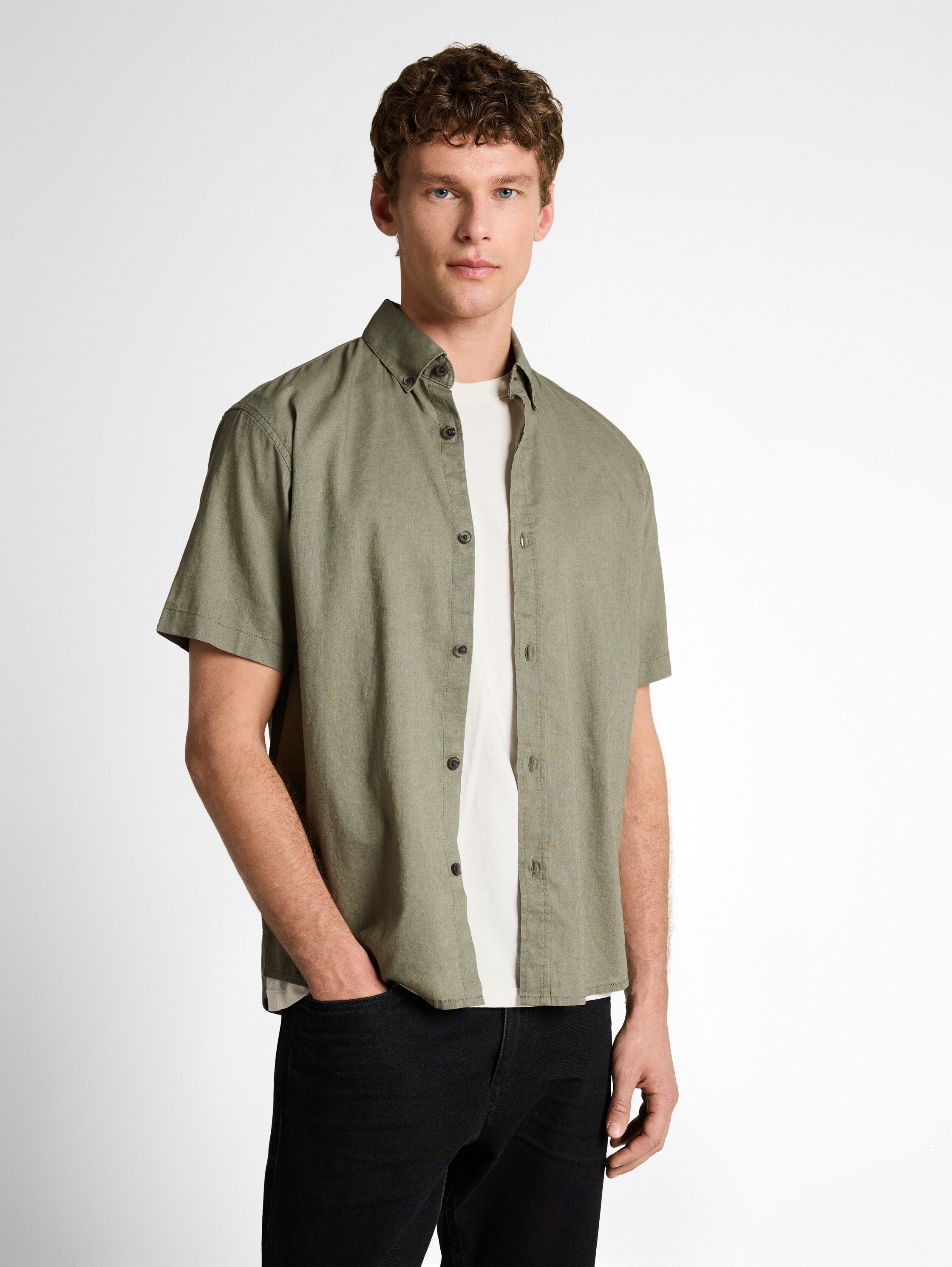 Image of TOM TAILOR Denim Kurzarmshirt mit Leinen und Button-Down-Kragen