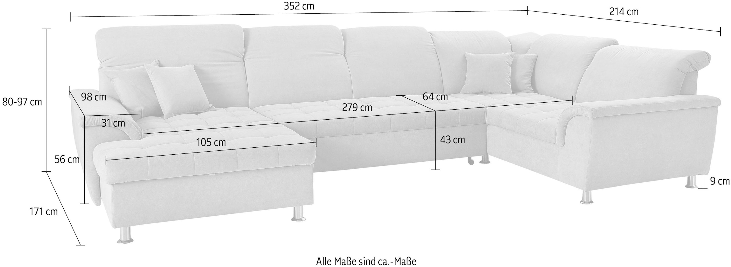 DOMO collection Wohnlandschaft »Franzi, optinal mit Bettfunktion & Bettkasten & Kopfteilverstellung«, XXL-Sofa, Recamiere links, dunkelgrau, B/T: 352/214 cm