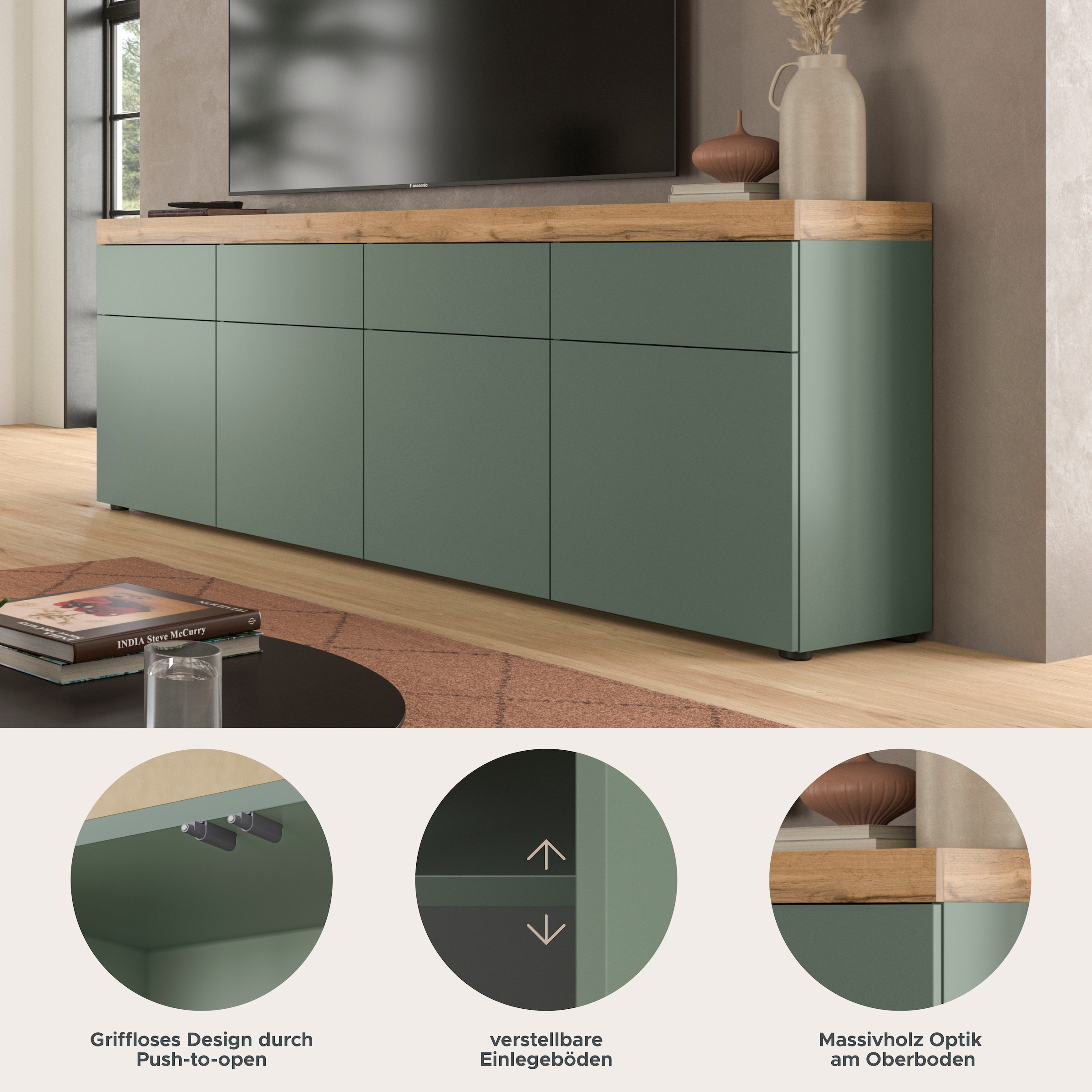 GOODproduct Sideboard »MAMBO, TOPSELLER!, Breite 200cm, 4 Türen, 4 Schubkästen, push-2-open« 2 farbige Ausführung, in verschiedenen Farben erhältlich, 1 cuis tlg. Kommode, Anrichte, Wohnzimmer, Schlafzimmer