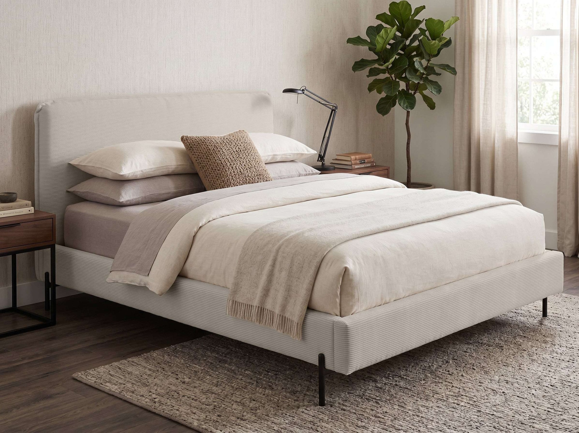 Home affaire Lit rembourré »LAVOISIER Bettgestell mit Lattenrost, Breite 140/160/180/200 cm, Cord« Cadre de lit avec tête de lit, sans matelas ni surmatelas