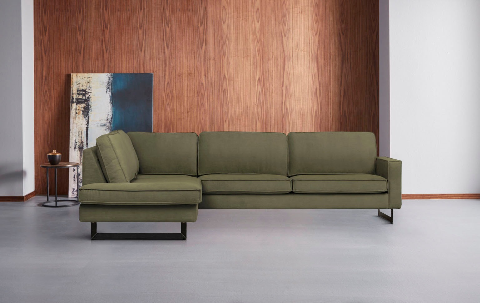 Places of Style Ecksofa »Pinto, 290 cm, Cord, Chenille, Lederoptik, Ottomane links / rechts«, mit Keder, schwarze Metallfüsse, Wellenunterfederung