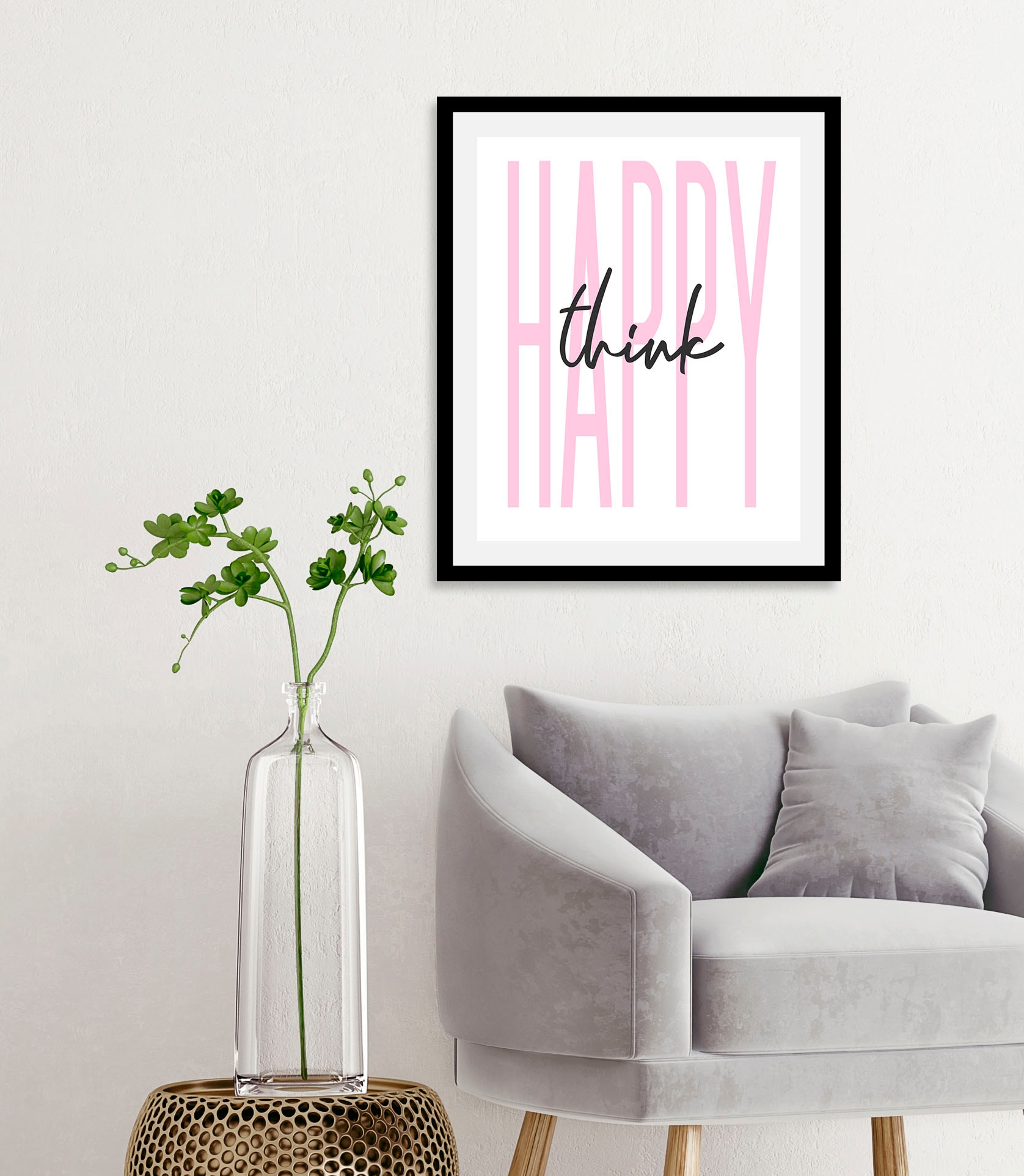 Image of queence Bild "think happy" Humor Motivationsbilder Schriftzug Schriftzüge Sprüche & Texte 1 Stk. tlg. gerahmt