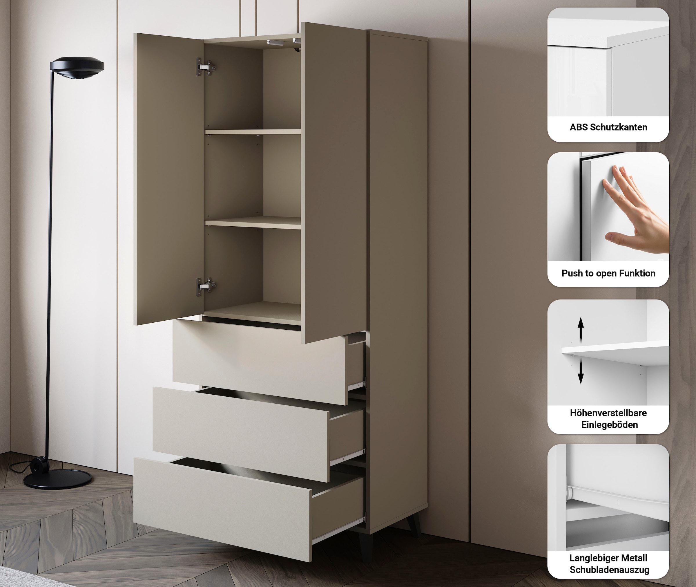 Home affaire Buffet haut »Phuket Hochschrank mit 2 Türen und 3 Schubladen« 1 cuis tlg. Push-to-Open, étagères réglables et beaucoup d'espace de rangement