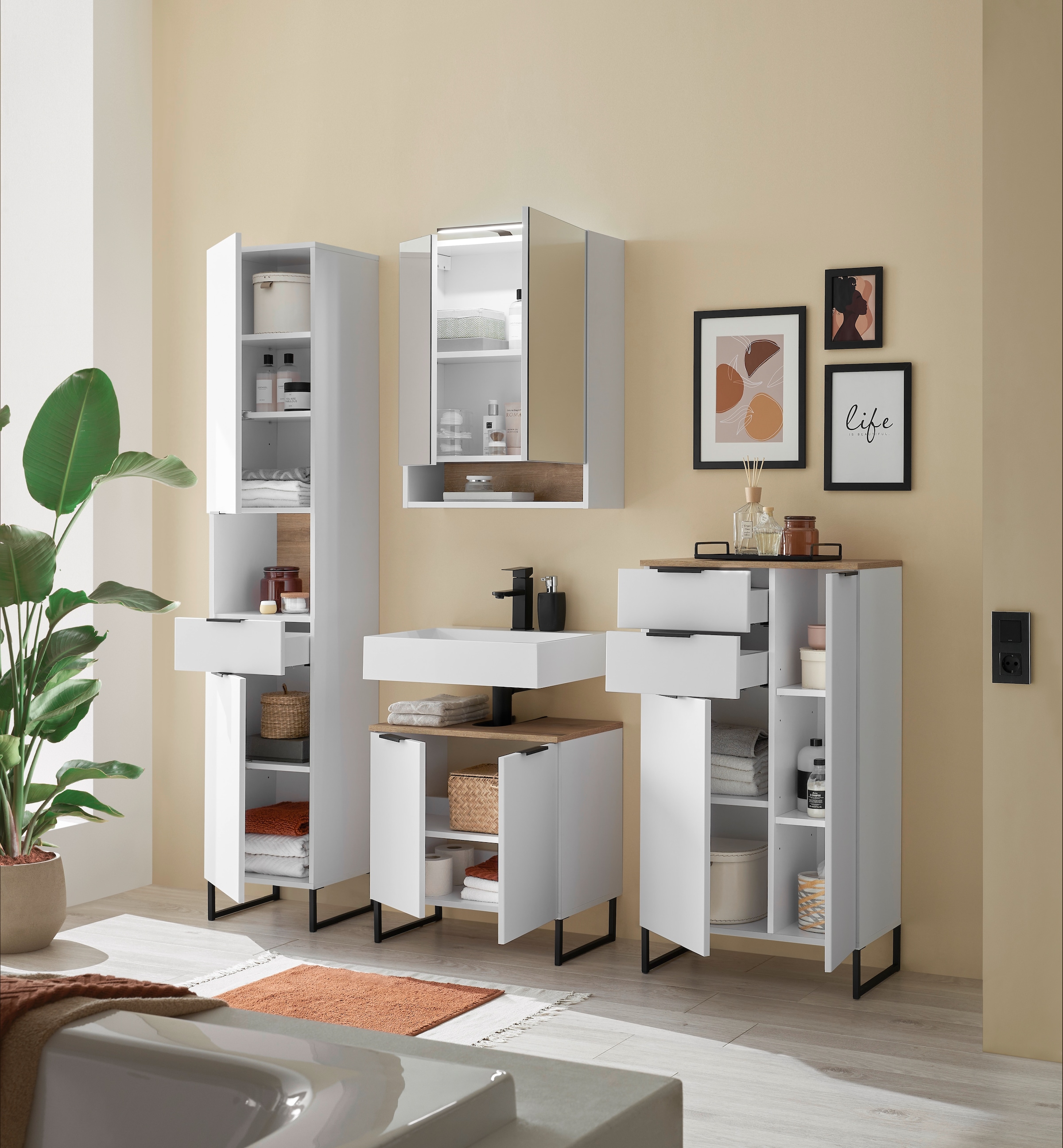 BASIC by Balculina Armoire haute »Denver Hochschrank, Badezimmerschrank BxHxT 38x195x32« 1 cuis tlg. Largeur 38 cm, porte montable G/D, Softclose