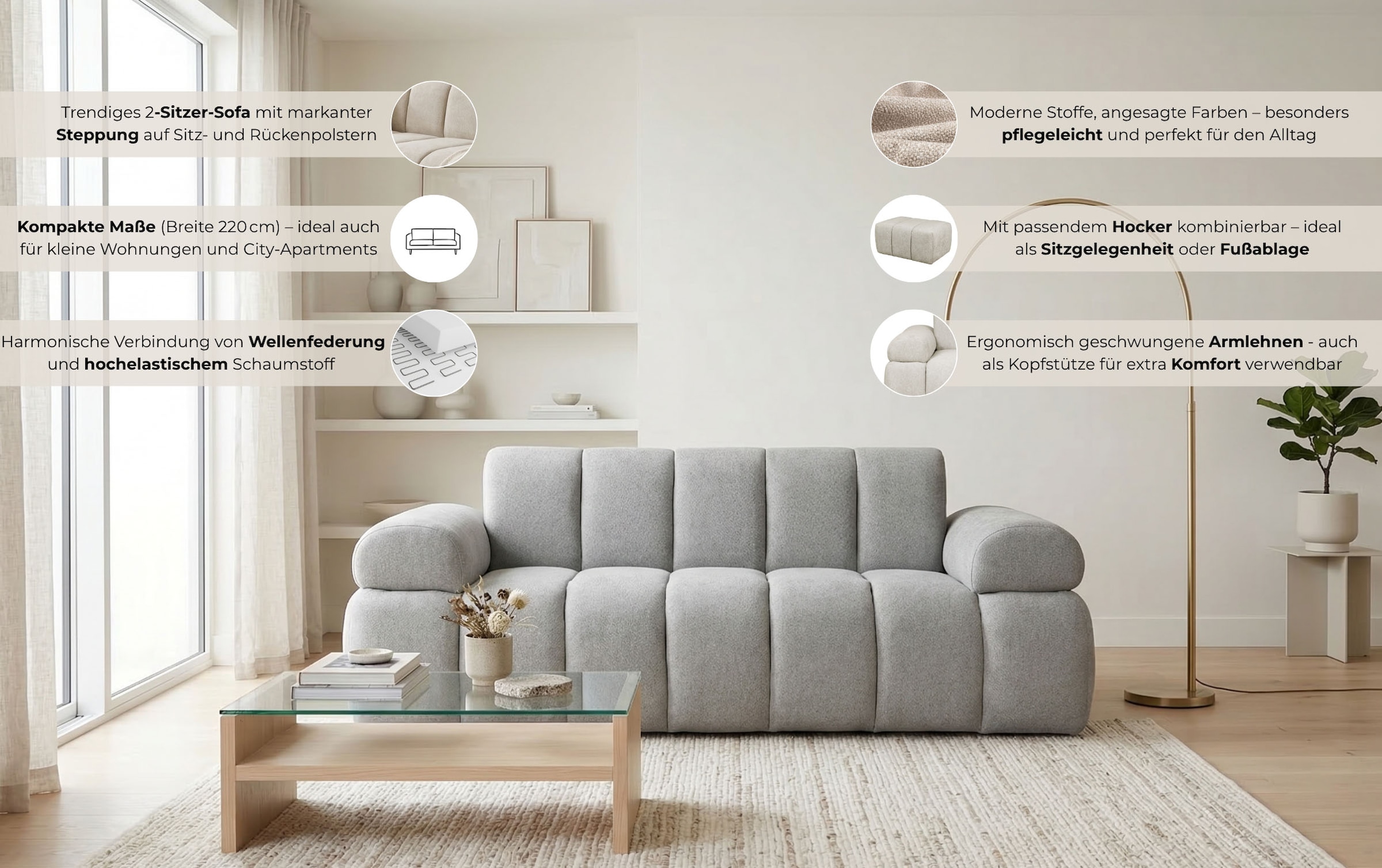 Home affaire 2-Sitzer »LYOTH Design-Sofa, moderne Steppung, Breite 180 cm« mit Wellenunterfederung, gemütlich und modern, komfortables Sitzgefühl