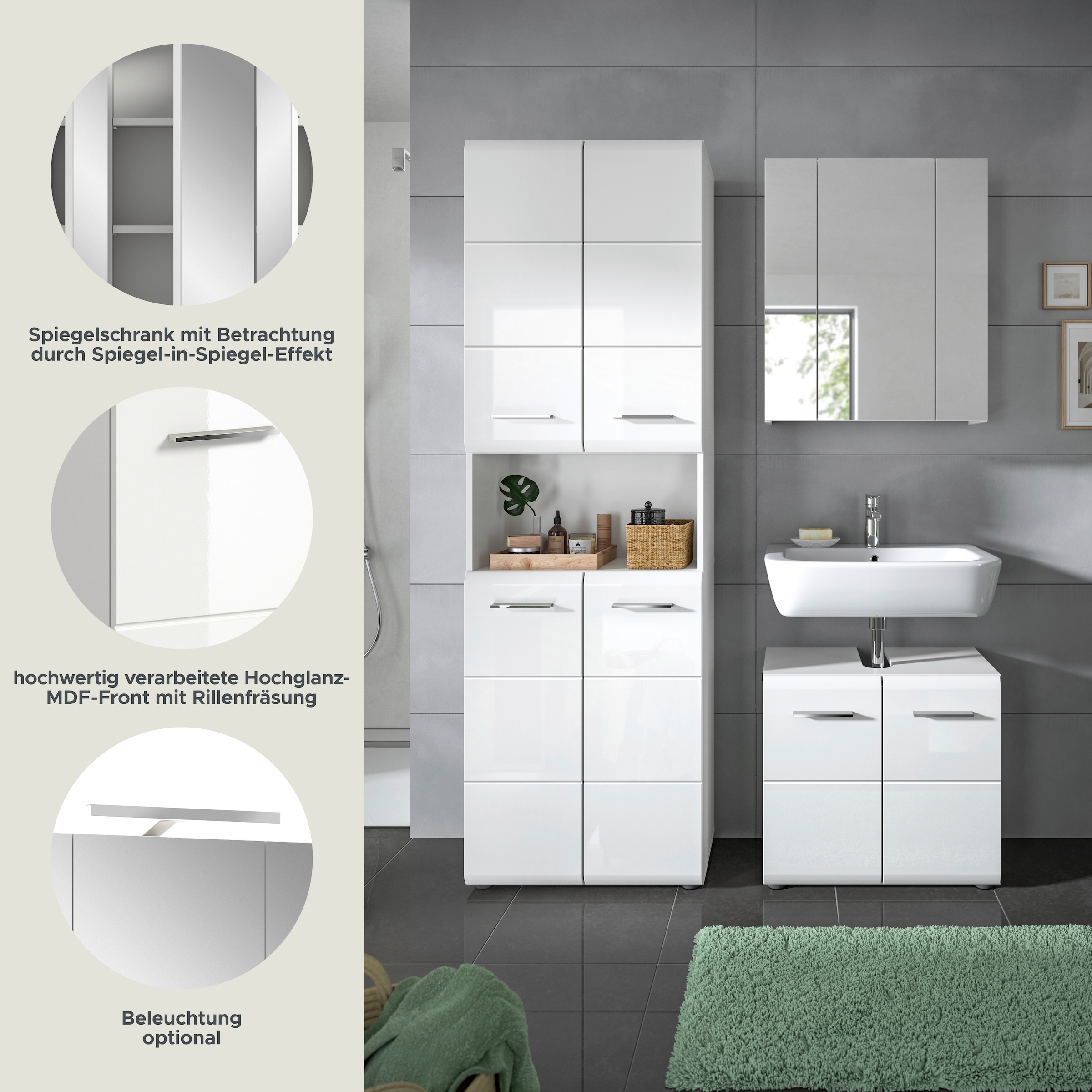 welltime Ensemble de meubles de salle de bain »FLORENZ,  3-teilige Badkombination, hochwertige MDF-Front« Ensemble, best. aus: 1 Hochschrank, 1Waschbeckenunterschrank, 1 Spiegelschrank, 