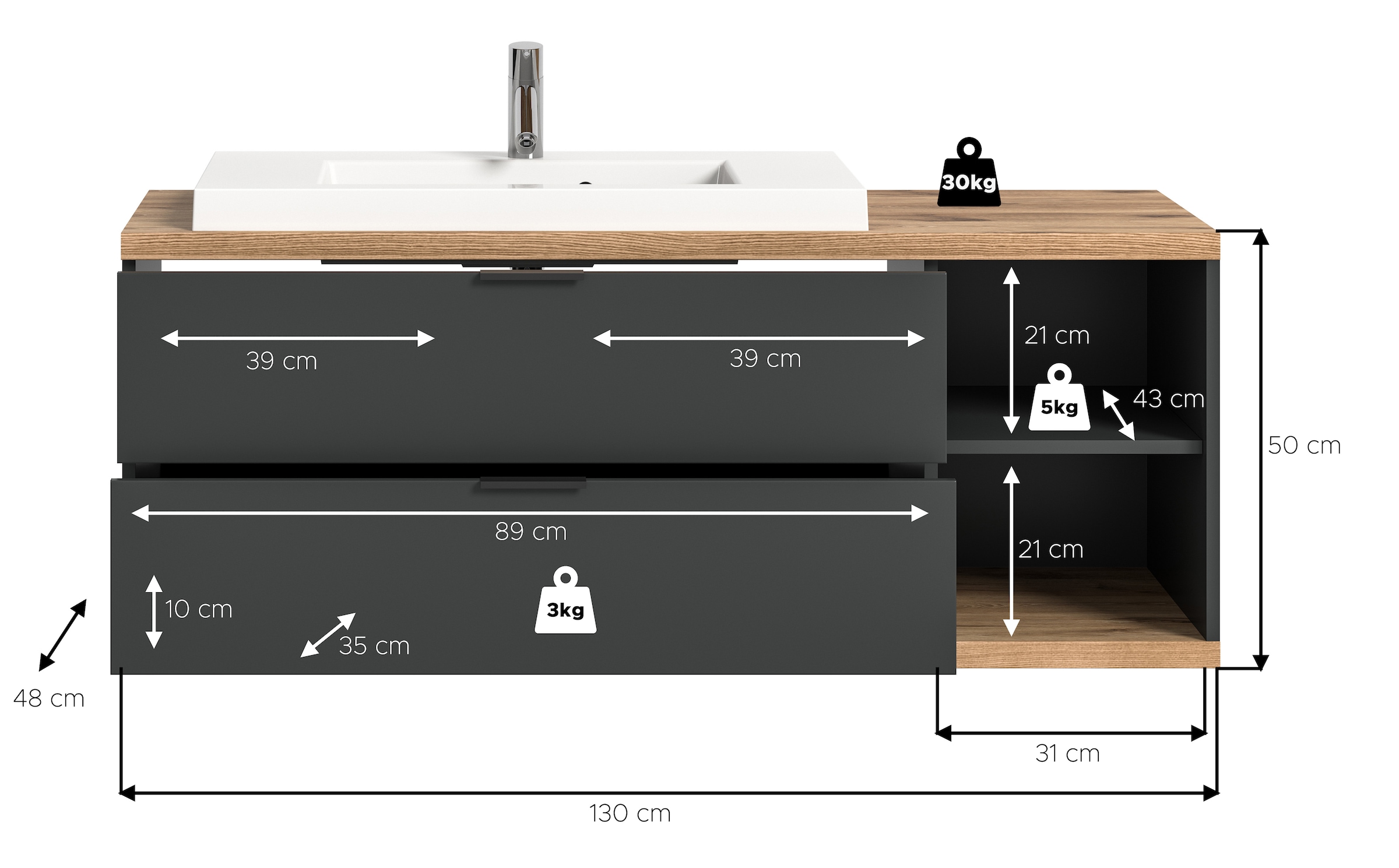 welltime Table de lavage »Sencillo, Waschbeckenunterschrank inkl. Mineralguss Waschbecken« Set, 1 cuis tlg. Sencillo, Waschbeckenunterschrank,2 Schubladen, 2 offene Fächer