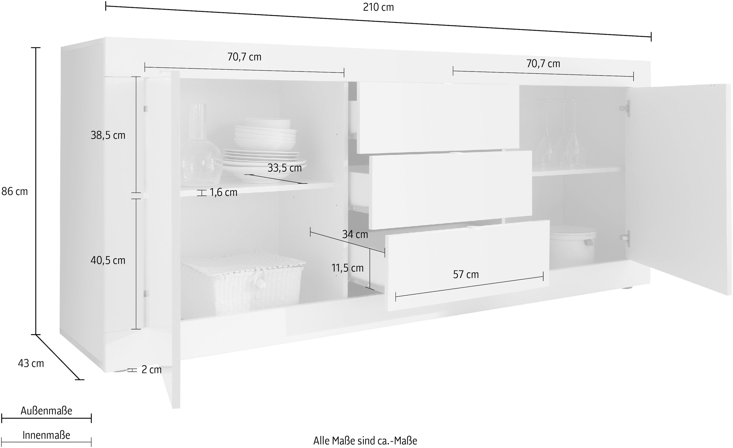 INOSIGN Sideboard »Basic Breite 210 cm, Kommode 2 Türen, 3 Schubkästen, Anrichte,«, Metallgriff, moderne Rahmenoptik, viel Stauraum, Farbauswahl