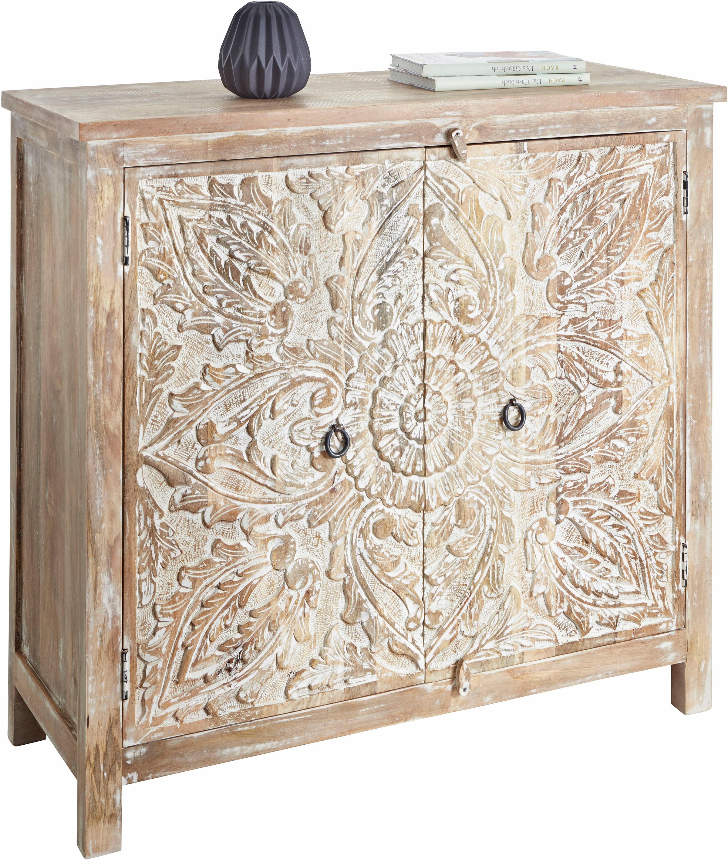 Image of GOODproduct Kommode "Malati Highboard mit 2 Türen, 2 Fächer und dekorativer Fräsung" Handgefertigt mit dekorativen Fräsungen, mit Metallgriffen
