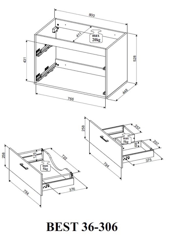 BASIC by Balculina Table de lavage »Best80« Ensemble, 2 cuis tlg. largeur 81 cm, avec lavabo, tiroir métallique double paroi, fermeture douce