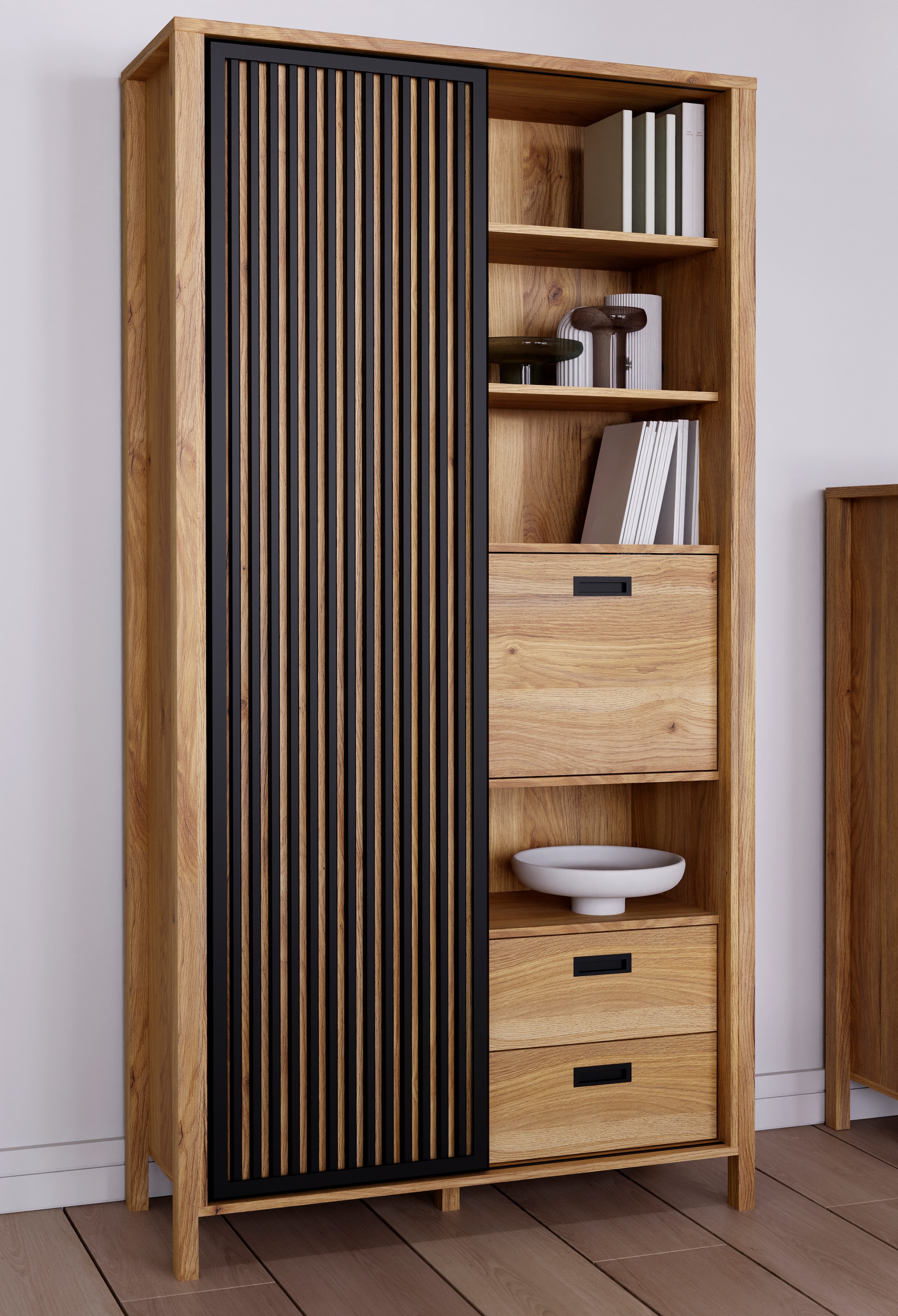 Image of FORTE Highboard "Jytana" Höhe 200,3 cm, Schiebetüre mit Lamellenoptik, Mauvella Eiche / Schwarz