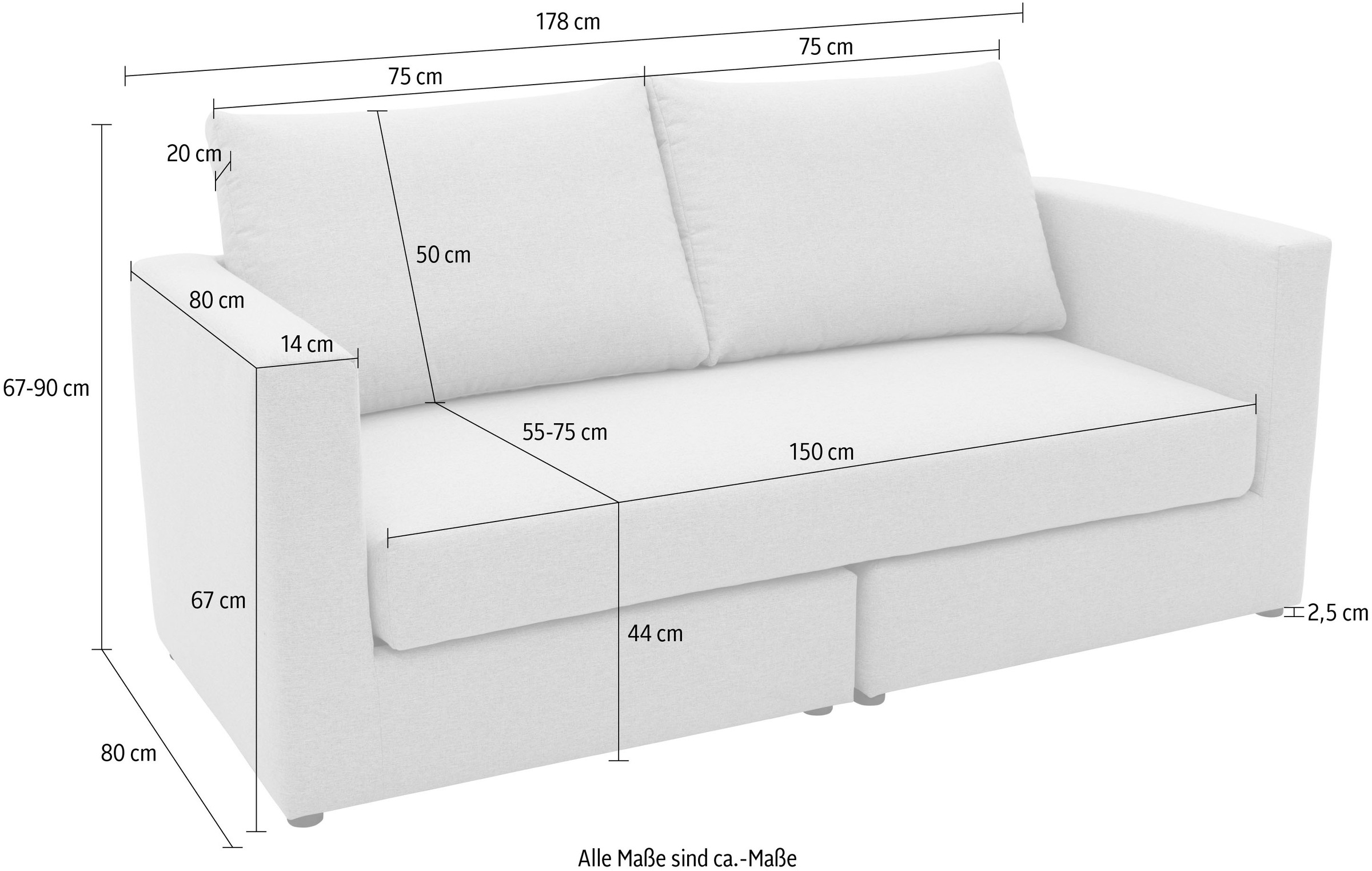 DOMO collection 2-Sitzer »800015 B/T/H: 178/80/90 cm«, Sitzfläche mit Federkern, inkl. 2 Rückenkissen