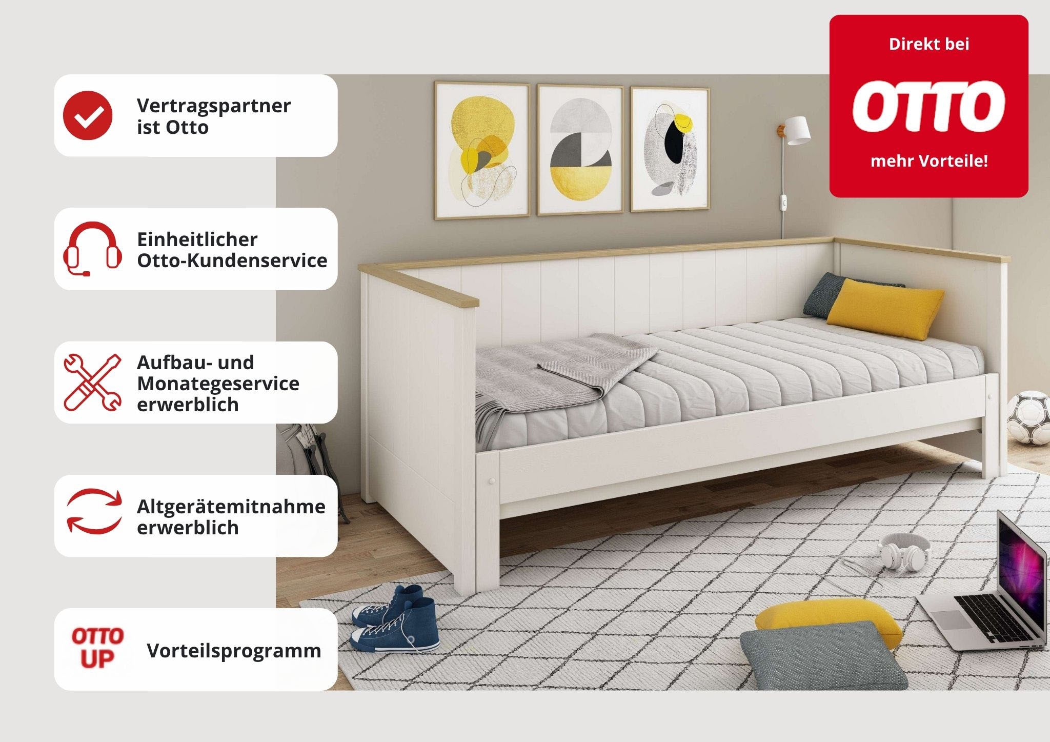 GOODproduct Lit de jour »"REIGNY ", Kinderbett, Gästebett, zwei Schlafplätze« 2e couchage extensible,  bois massif, design lamelles, style campagne, tiroir optionnel