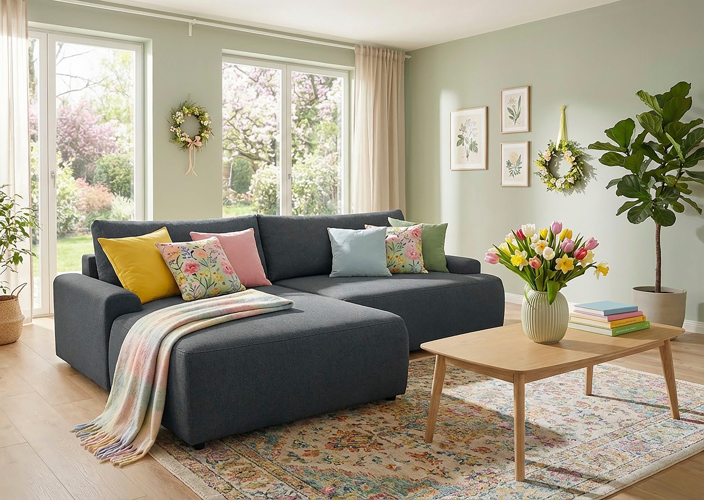 Image of TRENDMANUFAKTUR Ecksofa "Prag, Schlafsofa mit Bettkasten, Couch in L-Form, Breite 253 cm" in feinem Strukturstoff, anthrazit, Recamiere links