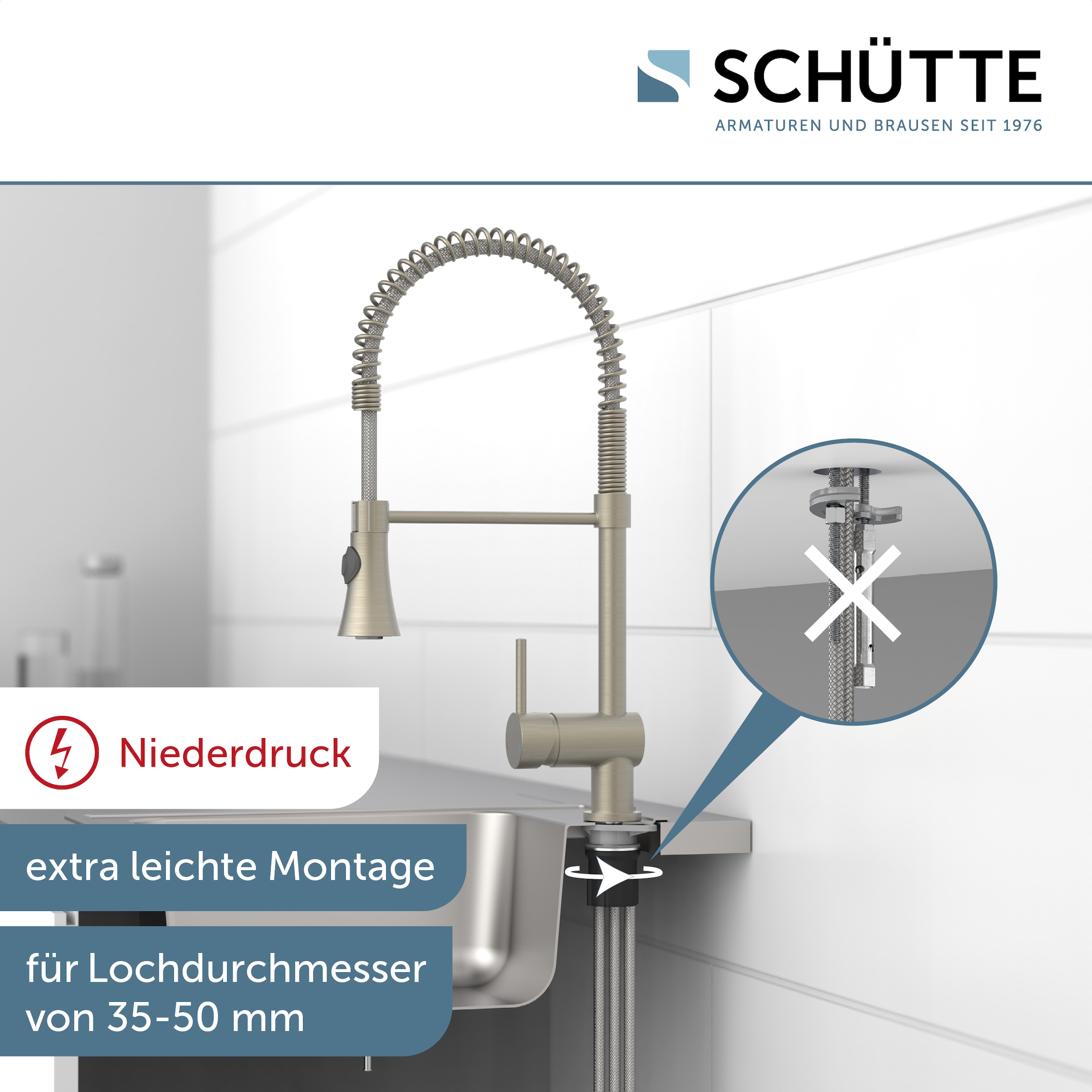 Schütte Robinet d'évier »Cornwall« robinet basse pression, acier inoxydable, Cold-Start, douchette 2 jets, pivotant