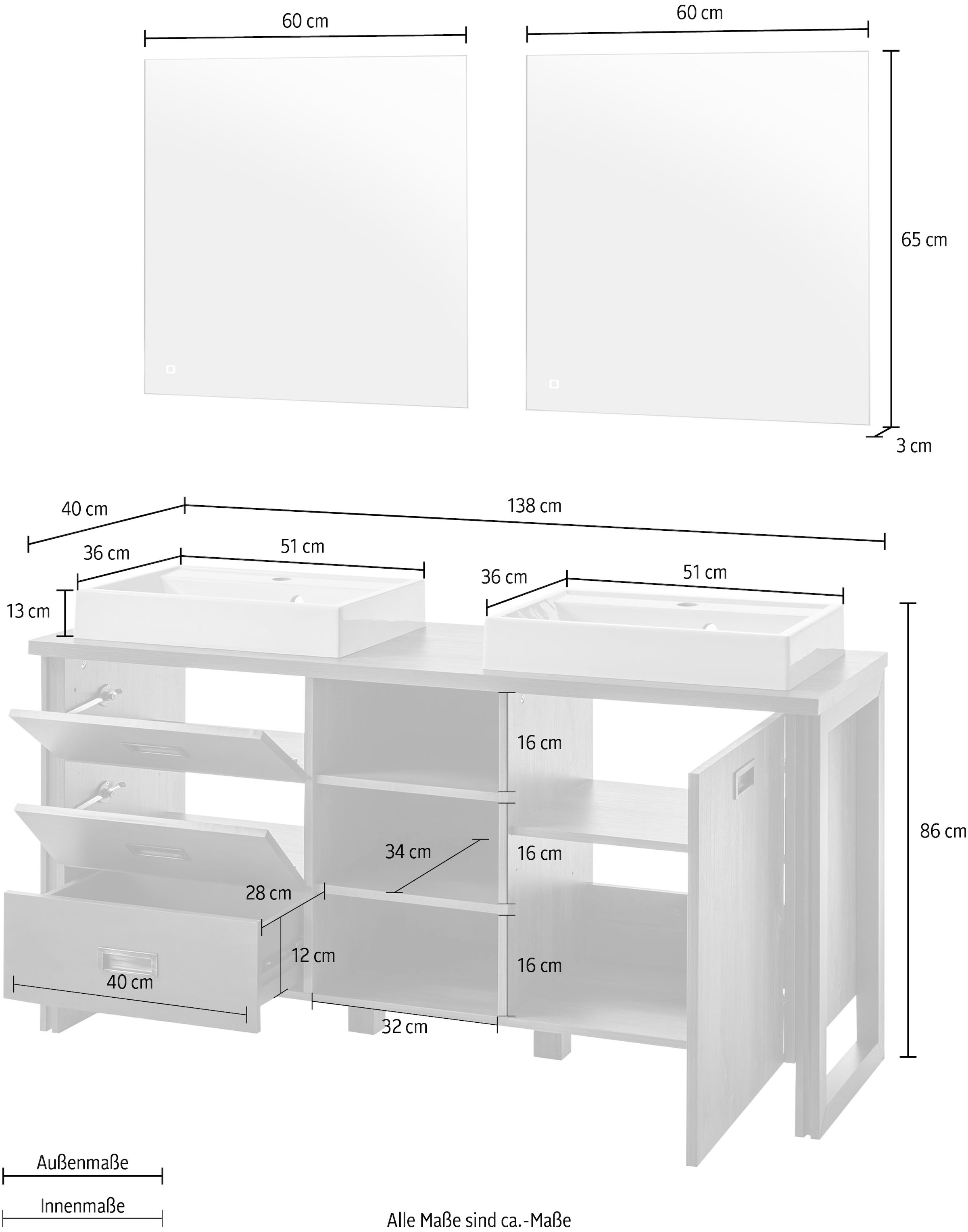 Home affaire Badmöbel-Set »Detroit, Bad im Industrialdesign, inkl. LED, 2-teiliges Badezimmer«, (3 St.), Waschtisch und Spiegel, inkl. zwei Aufsatzwaschbecken aus Mineralguss
