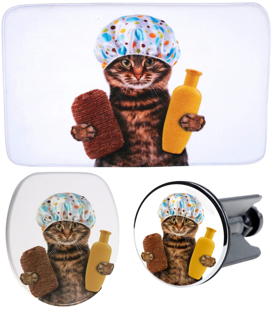 Image of Sanilo Badaccessoire-Set "Shower Cat" bestehend aus WC-Sitz, Badteppich und Waschbeckenstöpsel