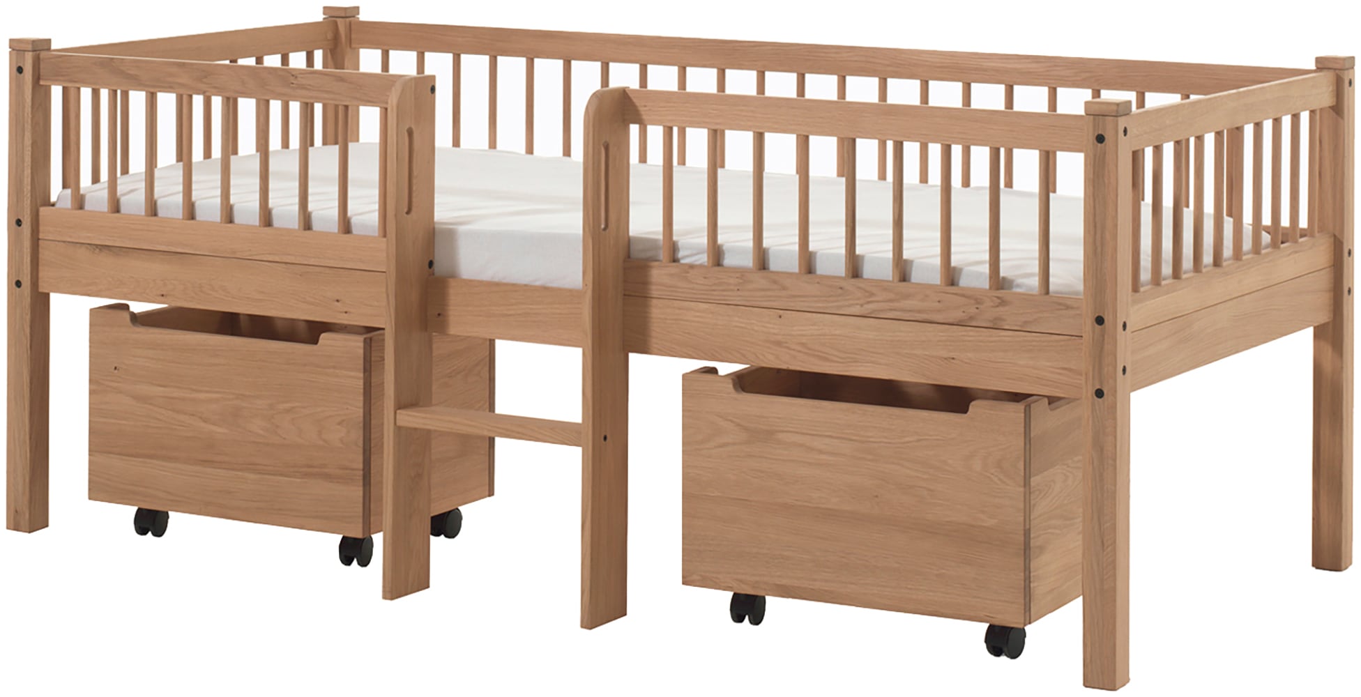 Image of Vipack Massivholzbett "Forrest Made in Europe, stabil und hochwertig gebaut, mit 2 Rollboxen" 90/200 cm, mit Rollrost und Leiter, seitenverkehrt montierbar, inkl. umlaufenden Absturzschutz in Sprossenoptik, Eiche natur geölt