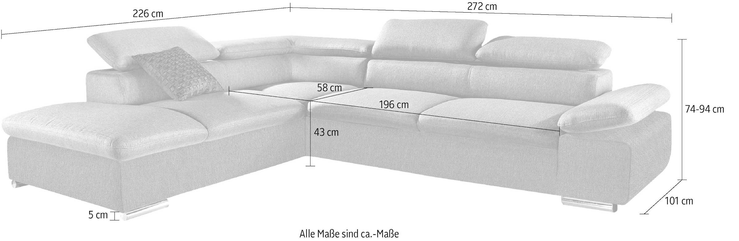 sit&more Ecksofa Alcudia L-Form, wahlweise mit Bettfunktion, inklusive Arm- und Kopfteilverstellung
