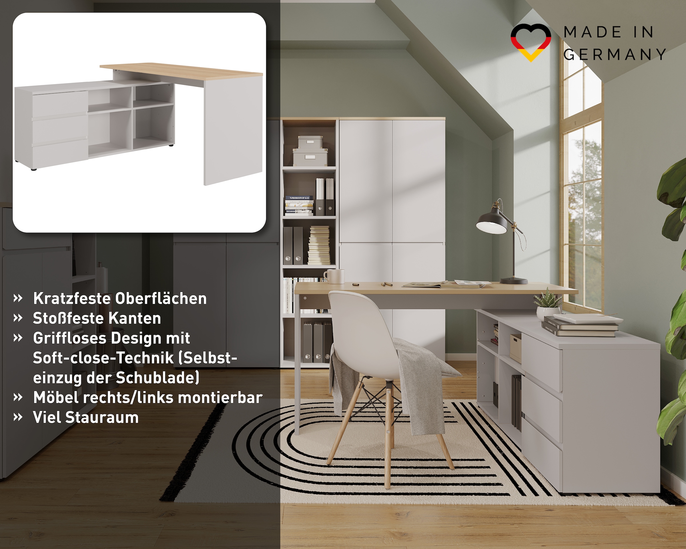GERMANIA Eckschreibtisch »Lissabon« 146 x 76 x 145 cm, Soft Close, gespiegelt montierbar, Made in Germany