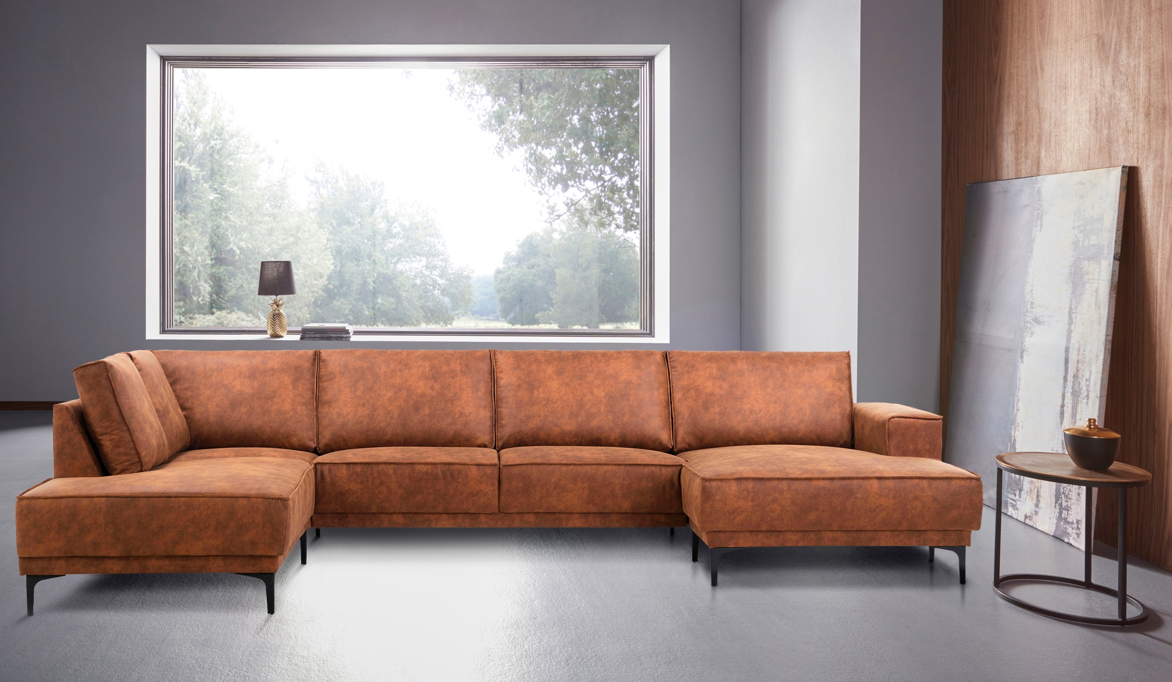 Places of Style Wohnlandschaft »XXL Sofa Oland, Struktur, Flachgewebe, Luxus-Microfaser, Boucle«, U-Form, 345 cm, Wellenunterfederung, Skandi-Design, Metallfüsse
