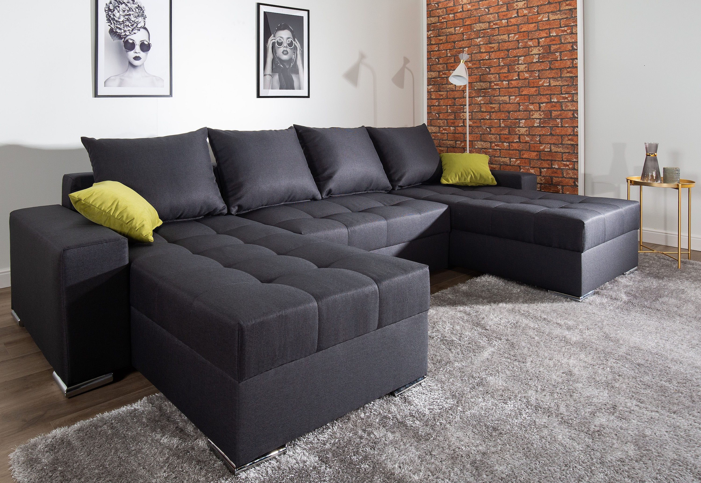 COLLECTION AB Wohnlandschaft »XL-Josy U-Form, Breite 313 cm, Flachgewebe, Struktur, Kunstleder«, inkl. Bettfunktion, Bettkasten, mit 4 gleich grossen Rückenkissen