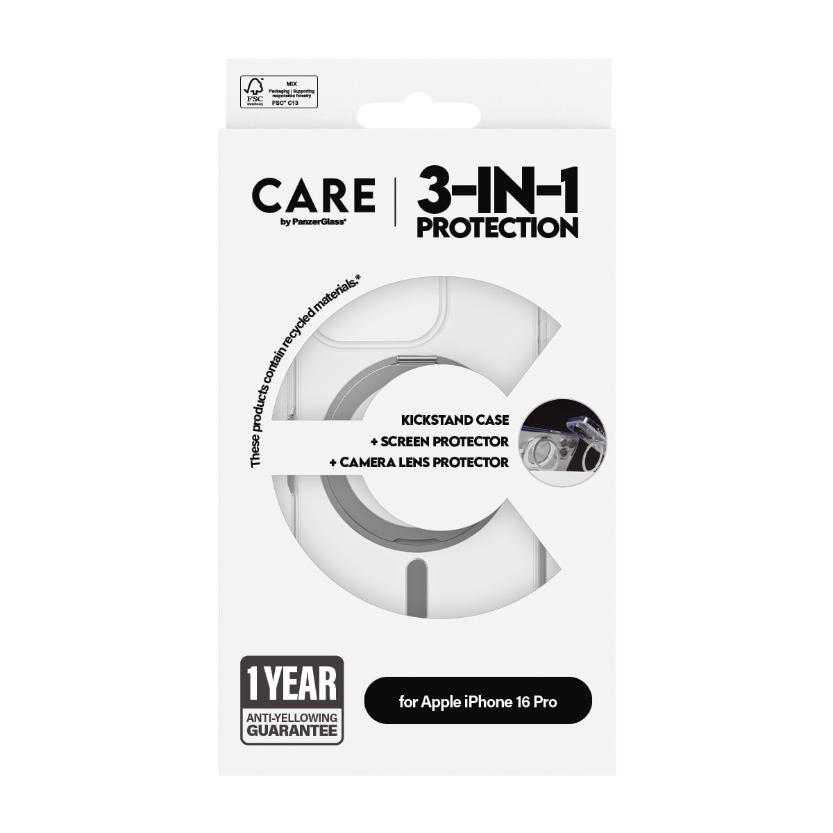 CARE by PanzerGlass Displayschutzglas »3-in-1 Protection, Ceramic Glass, Kickstand Case, Lens Cover«, für Apple iPhone 16 Pro, Displayschutzfolie, Schutzfolie, Bildschirmschutz, kratz- & stossfest
