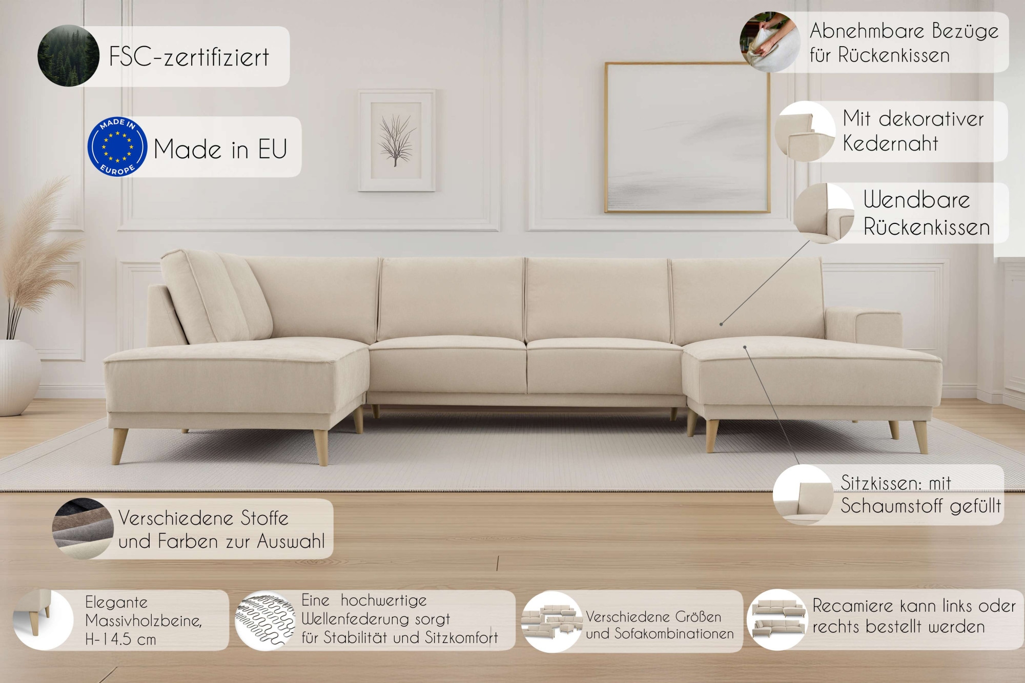 GOODproduct Paysage de salon »Oland Skandi, weicher Chenille-Stoff« U-Form, 345 cm, Wellenunterfederung, Skandi-Design, Massivholzfüsse