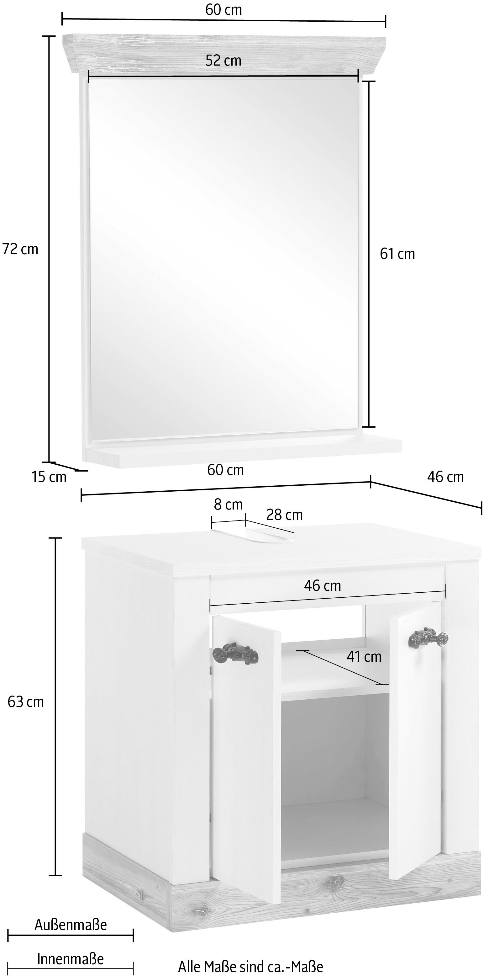 Home affaire Badmöbel-Set »Florenz, Bad im Landhausstil, 2-teiliges Badezimmer«, (2 St.), Waschbeckenunterschrank und Spiegel, in Pinie Weiss, Stauraum