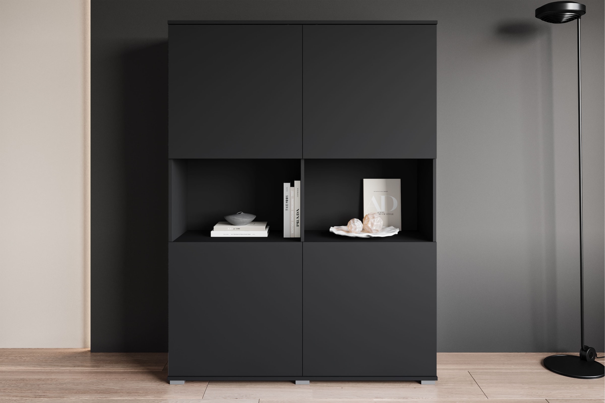 GOODproduct Buffet haut »Kenia Schrank, 120 cm breit, mit 4 Türen und 2 offenen Fächern« 1 cuis tlg. Design sans poignées avec push-to-open et étagères réglables