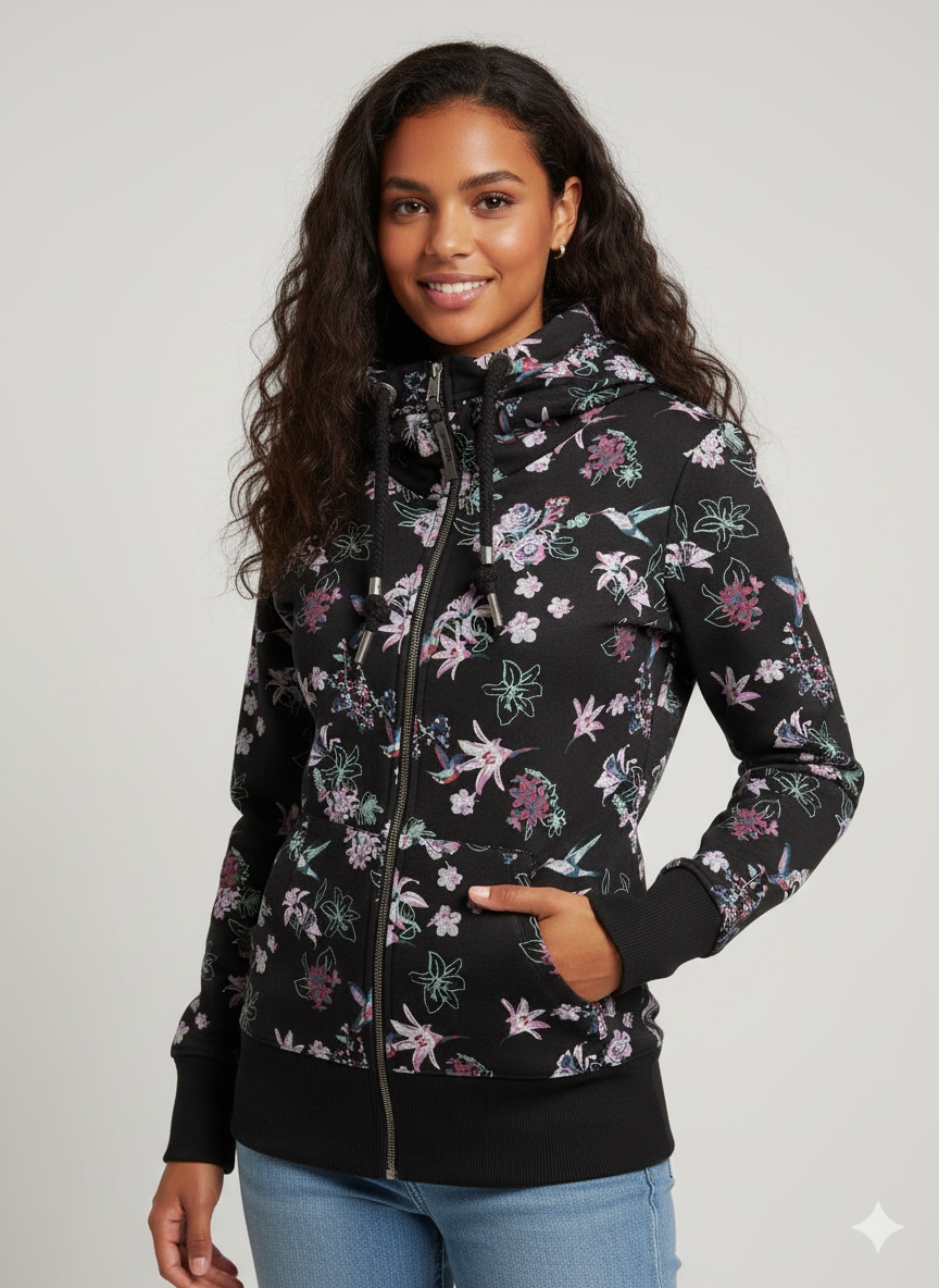 Image of Ragwear Sweatjacke "NESKA ZIP FLOWERS O" figurbetont mit floralem Allover-Print und grosser Kapuze