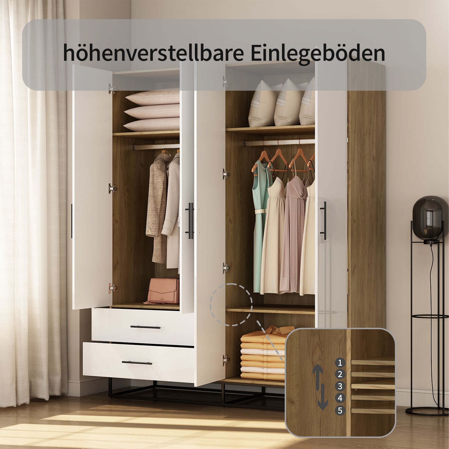 GOODproduct Kleiderschrank »Lucca Schlafzimmerschrank Garderobe Hochglanz Bestseller« Schwarze Griffe und Kufengestell aus Metall,  Schlafzimmerschrank mit 4 Türen und 2 Schubladen, Breite 160cm