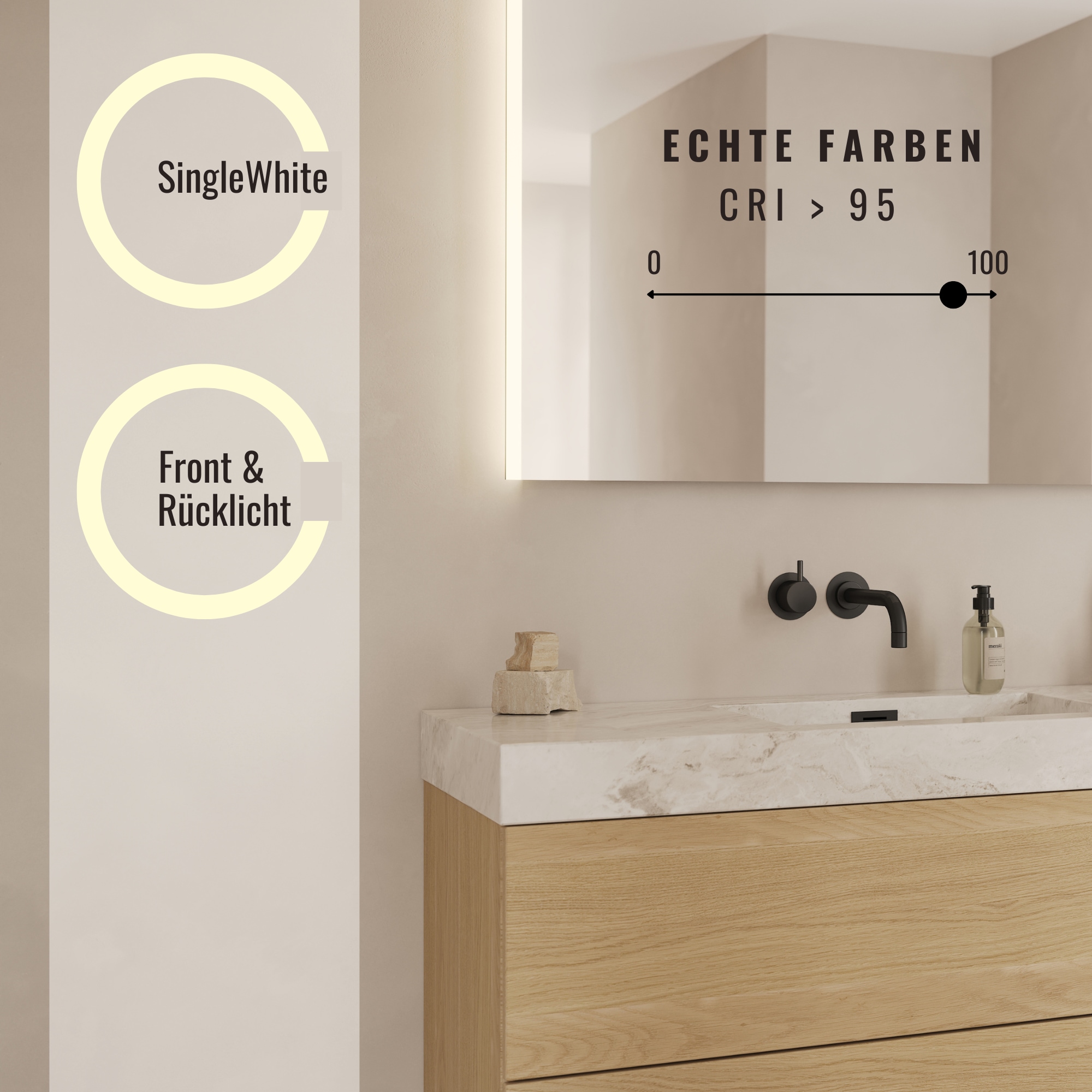 Loevschall LED-Lichtspiegel »Lago Quadratisch, Badzimmerspiegel mit LED Beleuchtung«, Verstellbarer Spiegel mit Licht, Dänisches Design