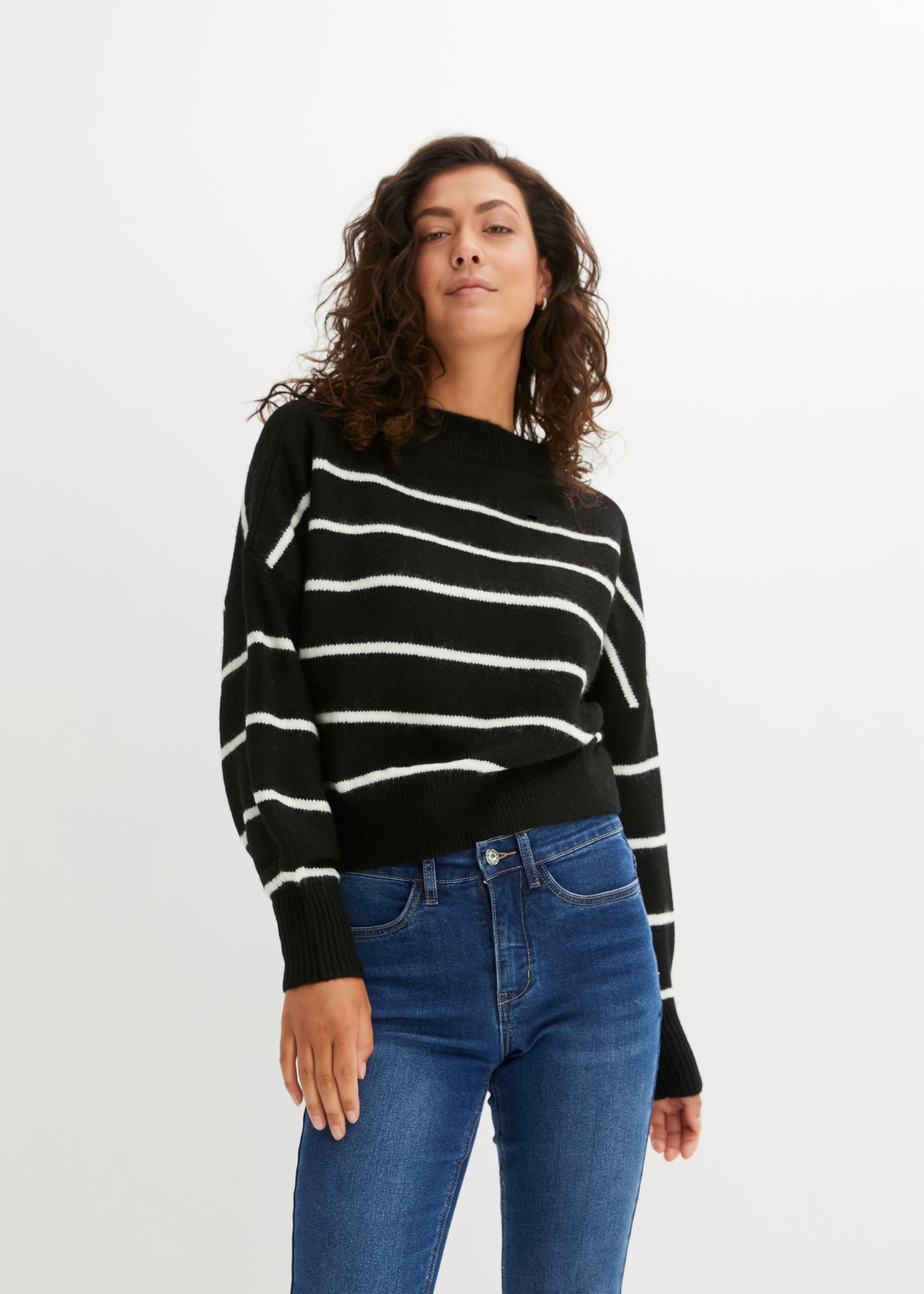 Image of bonprix Strickpullover im Ringel-Look, hüftlang, Oversize-Passform, mit Ballonärmeln