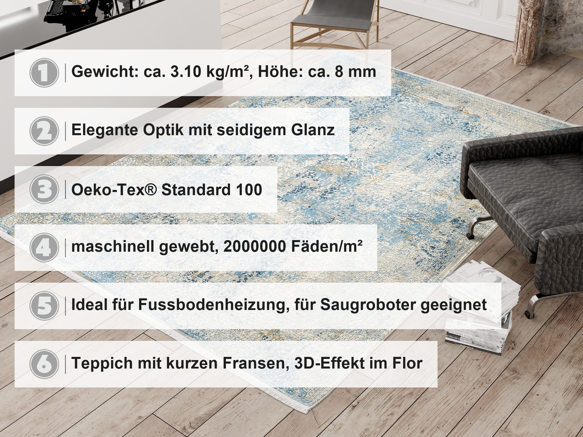 OCI DIE TEPPICHMARKE Teppich »BESTELLER CAVA« rund 8 mm Höhe Glanz Viskose, mit Fransen, Hoch Tief Struktur, Vintage, Wohnzimmer