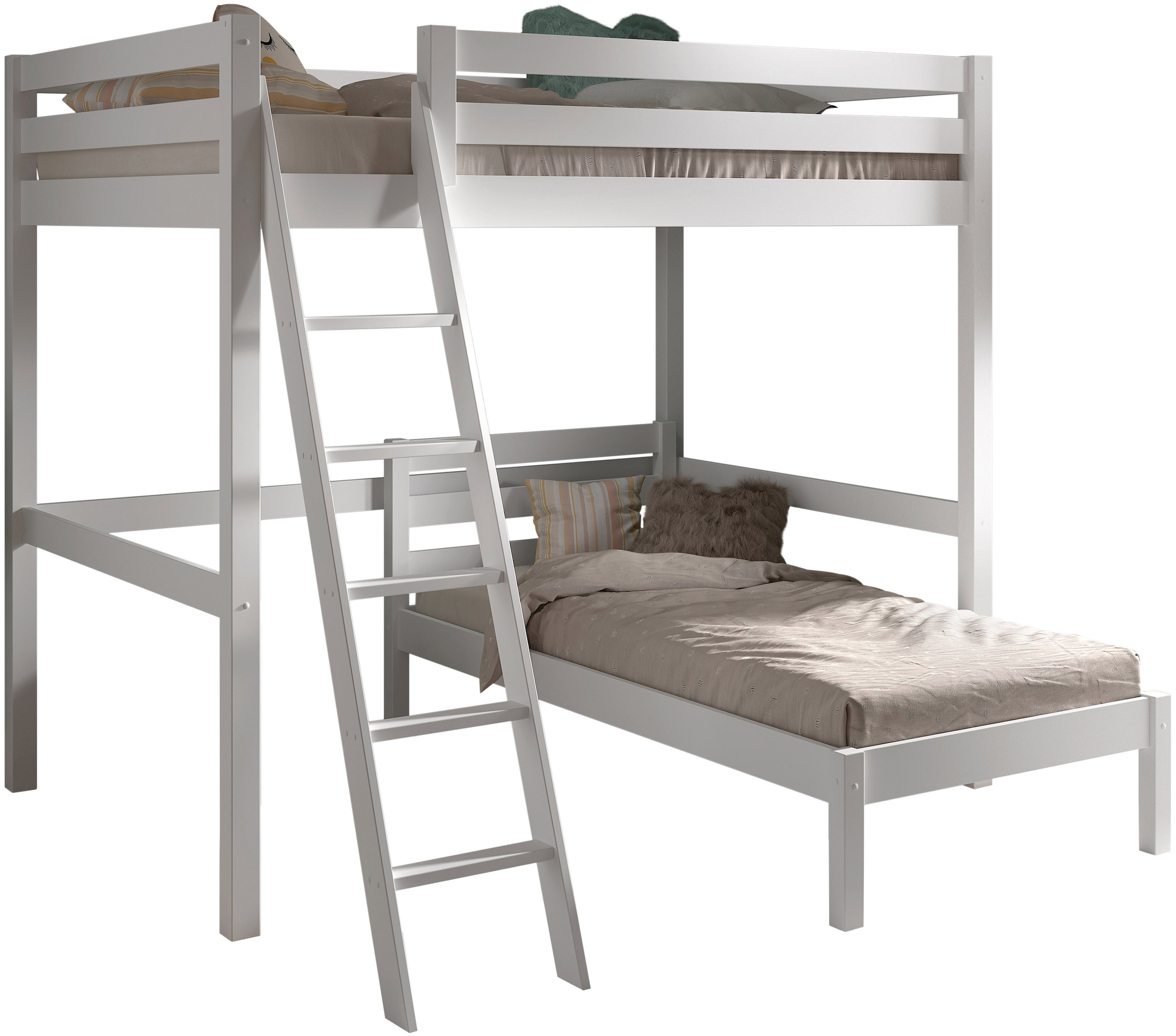 Image of Vipack Hochbett "mit 2 Liegeflächen 140+90/200 Made in Europe, Kiefer massiv weiss" (B/H/T ca.209,4x190x214,7cm) Leiter schräg angestellt, stabil gebaut, Raum unter dem Bett kann genutzt werden, Einzelbett separt stellbar