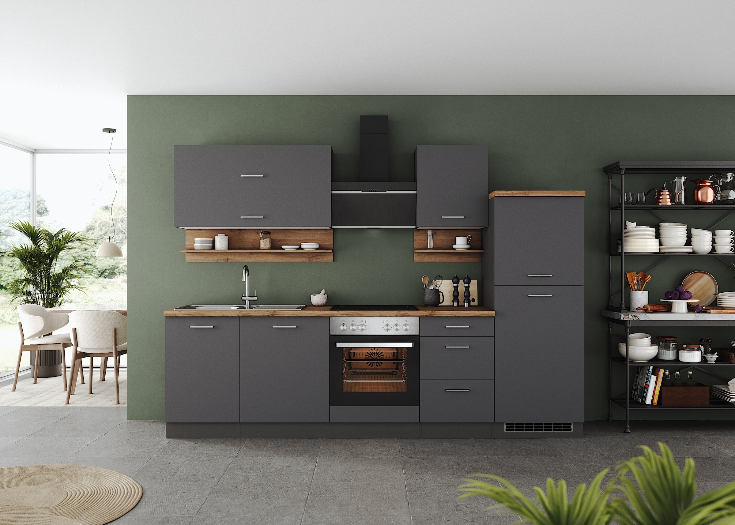 KOCHSTATION Kitchenette »KS-Milan« 280 cm de large, rails métalliques robustes, beaucoup d’espace de rangement