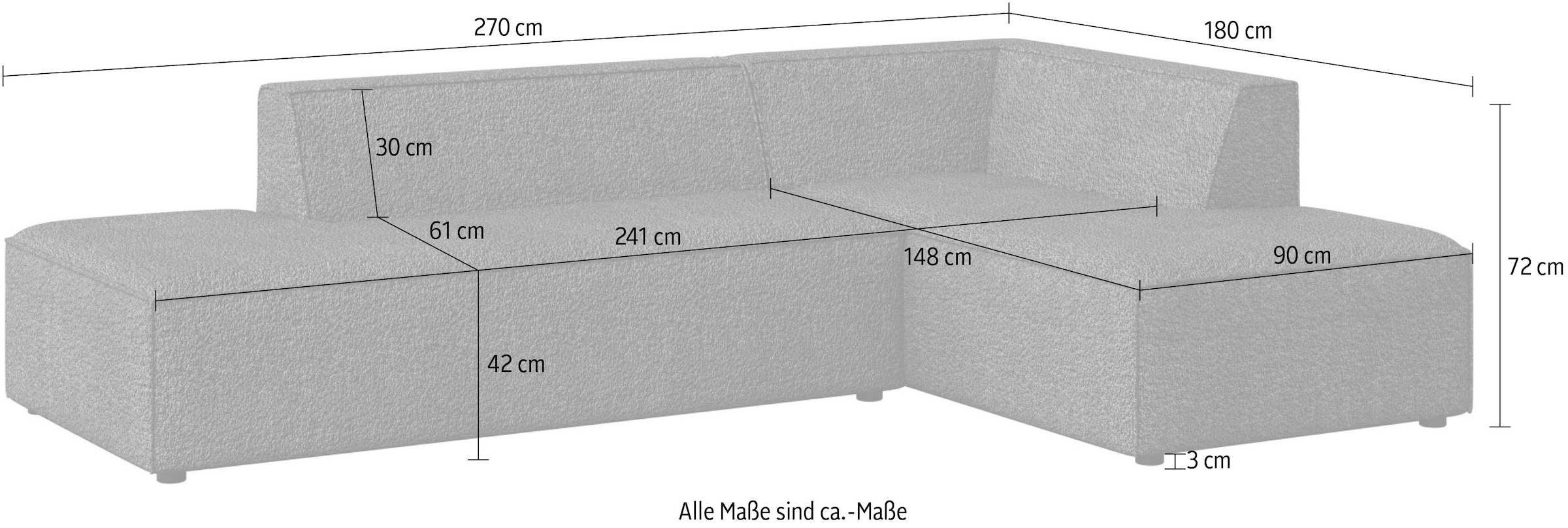 INOSIGN Ecksofa »Ecksofa Cavan mit Ottomane links oder rechts bestellbar«, L-Form mit Wellenunterfederung, Masse B/T/H: 270/180/72 cm
