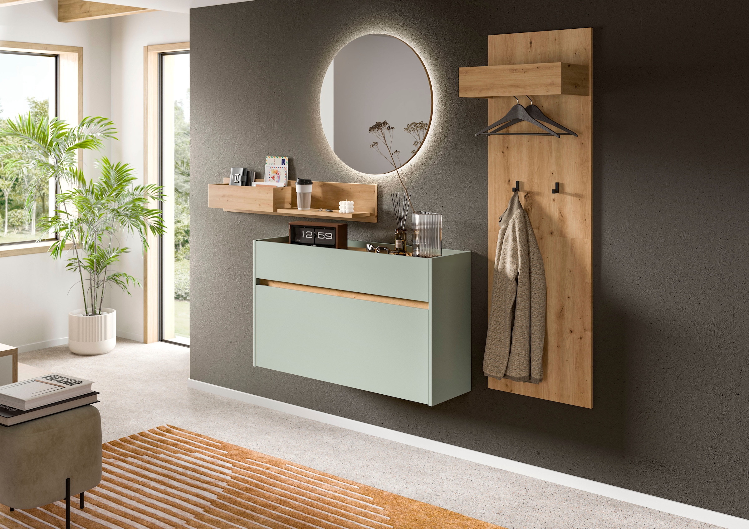 Home affaire Garderoben-Set »EVRID, 4-teilig, Breite 205 cm, inkl. Beleuchtung« best. aus: Wandboard, Kommode, Spiegel, Garderobenpaneel, 4 Stk. tlg.