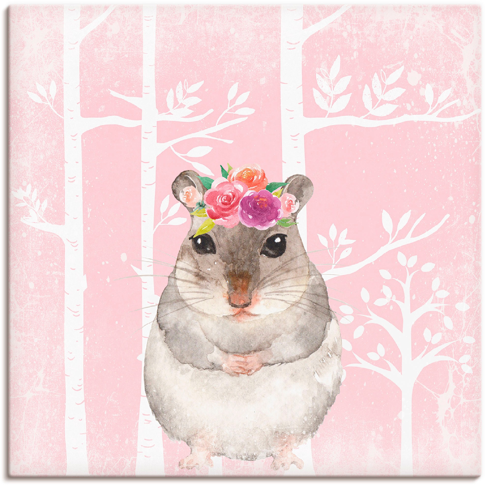 Image of Artland Wandbild »Hamster mit Blumen im pink Wald«, Tiere, (1 St.), in vielen Grössen & Produktarten - Alubild / Outdoorbild für den Aussenbereich, Leinwandbild, Poster, Wandaufkleber / Wandtattoo auch für Badezimmer geeignet bei Ackermann Versand Schweiz