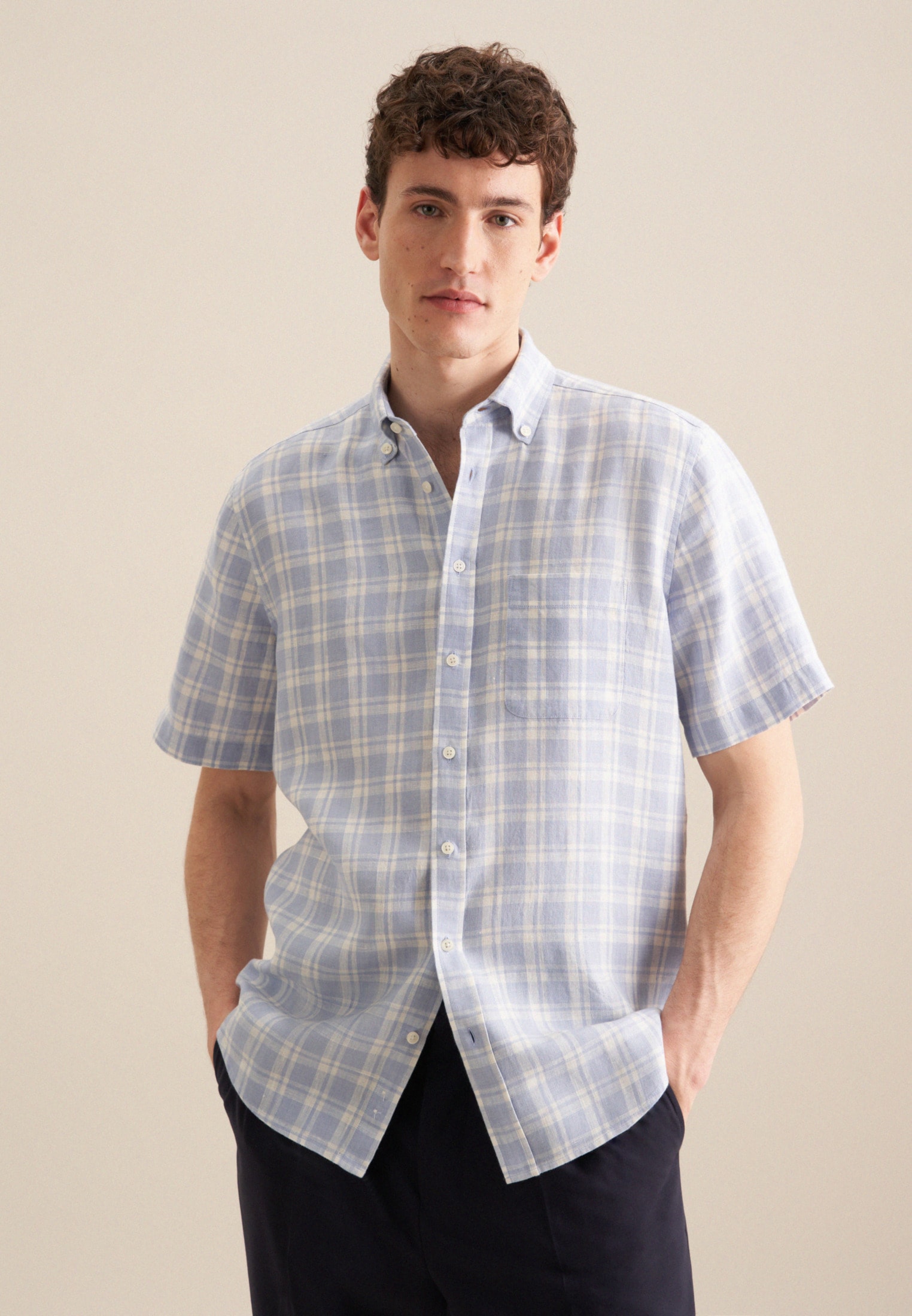 Image of seidensticker Businesshemd "Schwarze Rose" Regular Kurzarm Button-Down-Kragen Karo