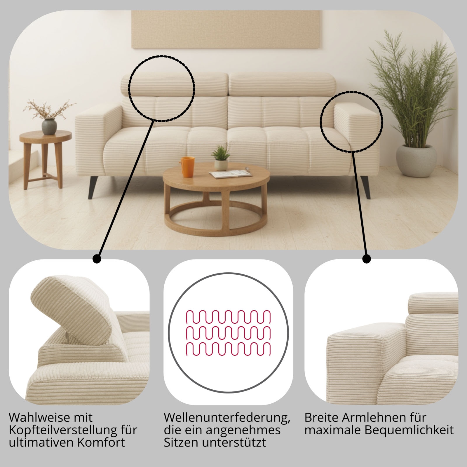 DOMO collection 2-Sitzer »Trento, mit Kufenfuss oder Einzelfuss«, wahlweise mit Kopfteilverstellung und in zwei Grössen erhältlich