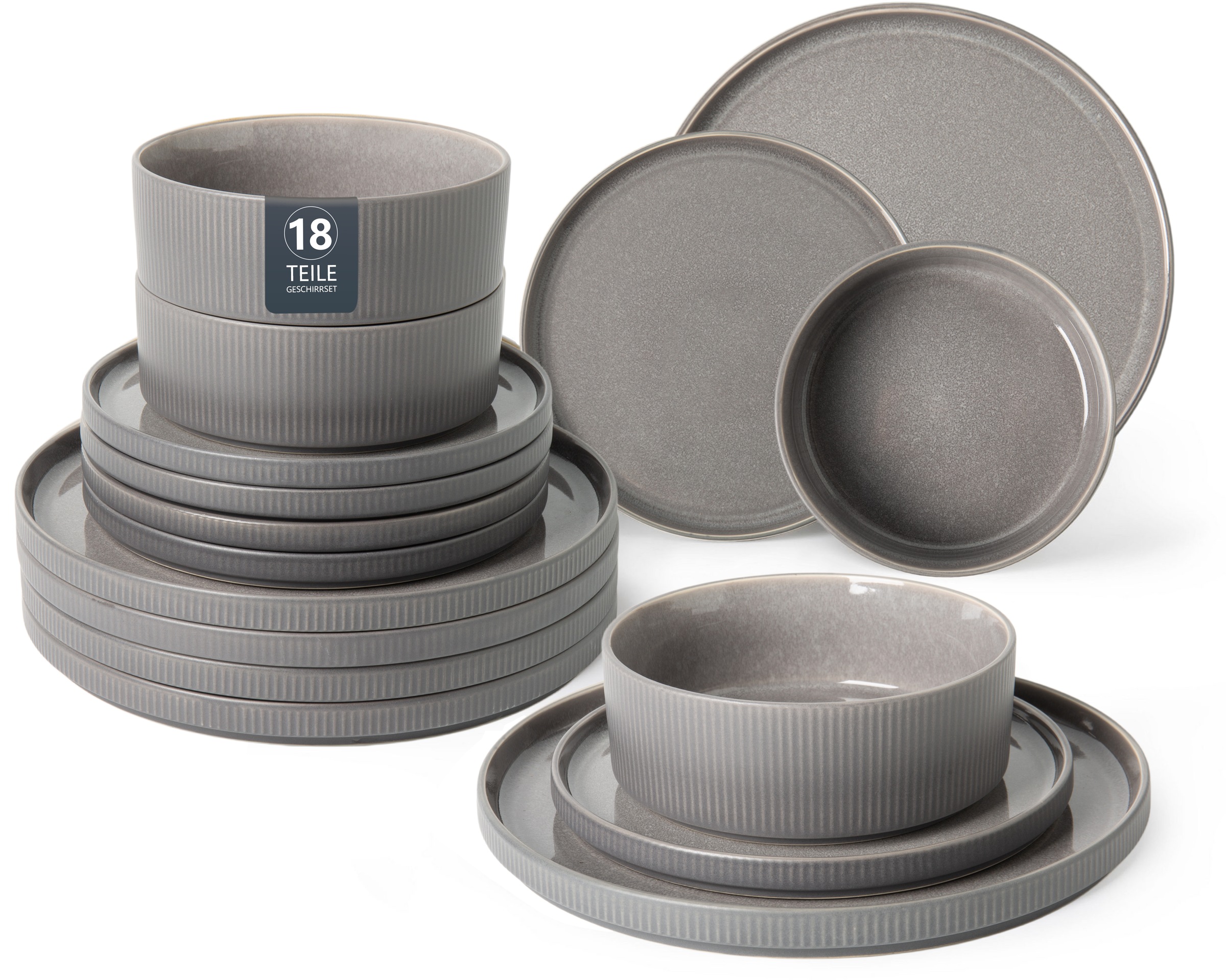 Image of GOODproduct Geschirr-Set "Ylvii, aussen matt, innen reaktiv glasiert" Riffeloptik, spülmaschinenfest und mikrowellengeeignet