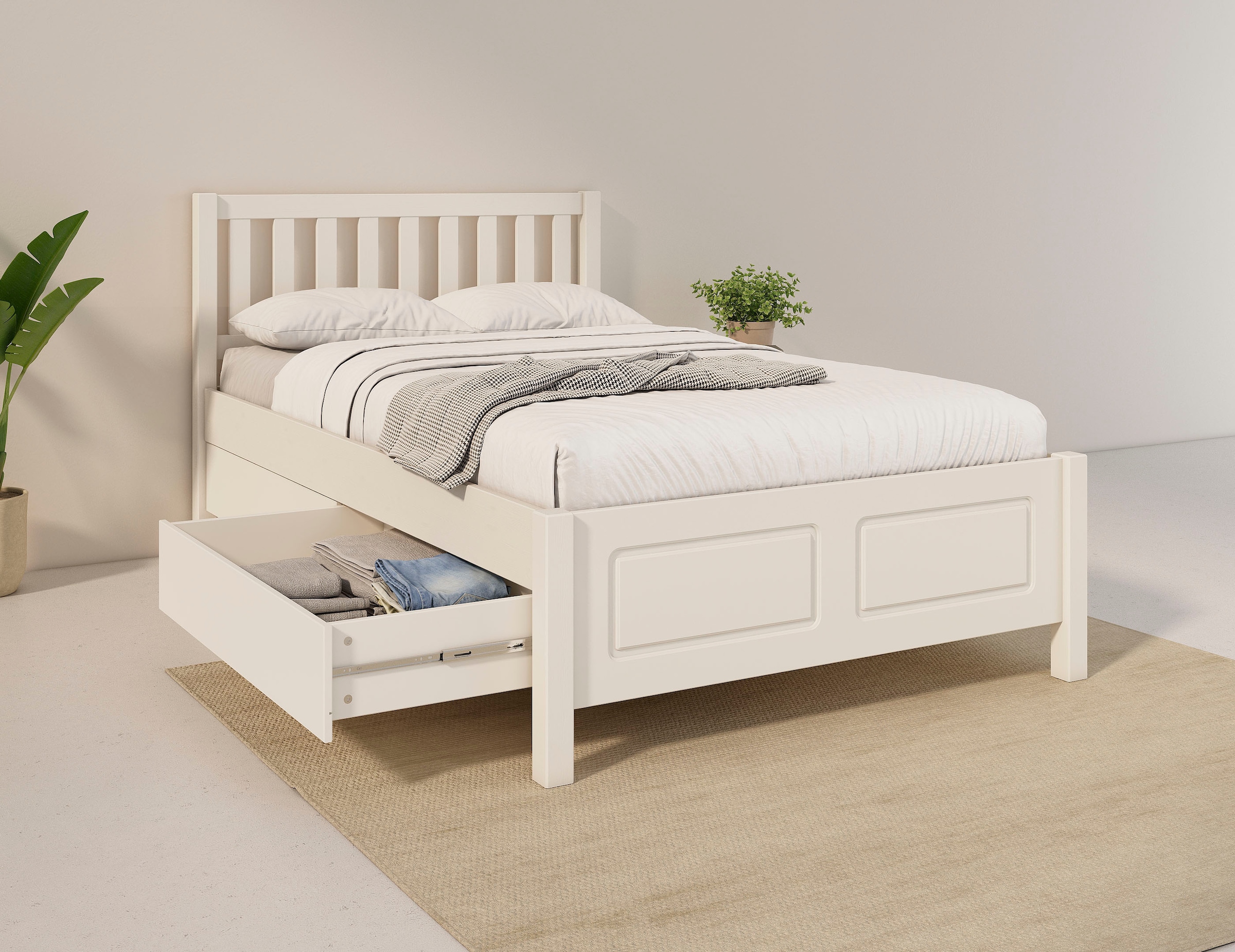 GOODproduct Lit de rangement »Synnra, maximaler Stauraum, 4 Schubladen, Made in EU, Landhausstil« certifié FSC®, façade à caissons, solution de rangement et confort