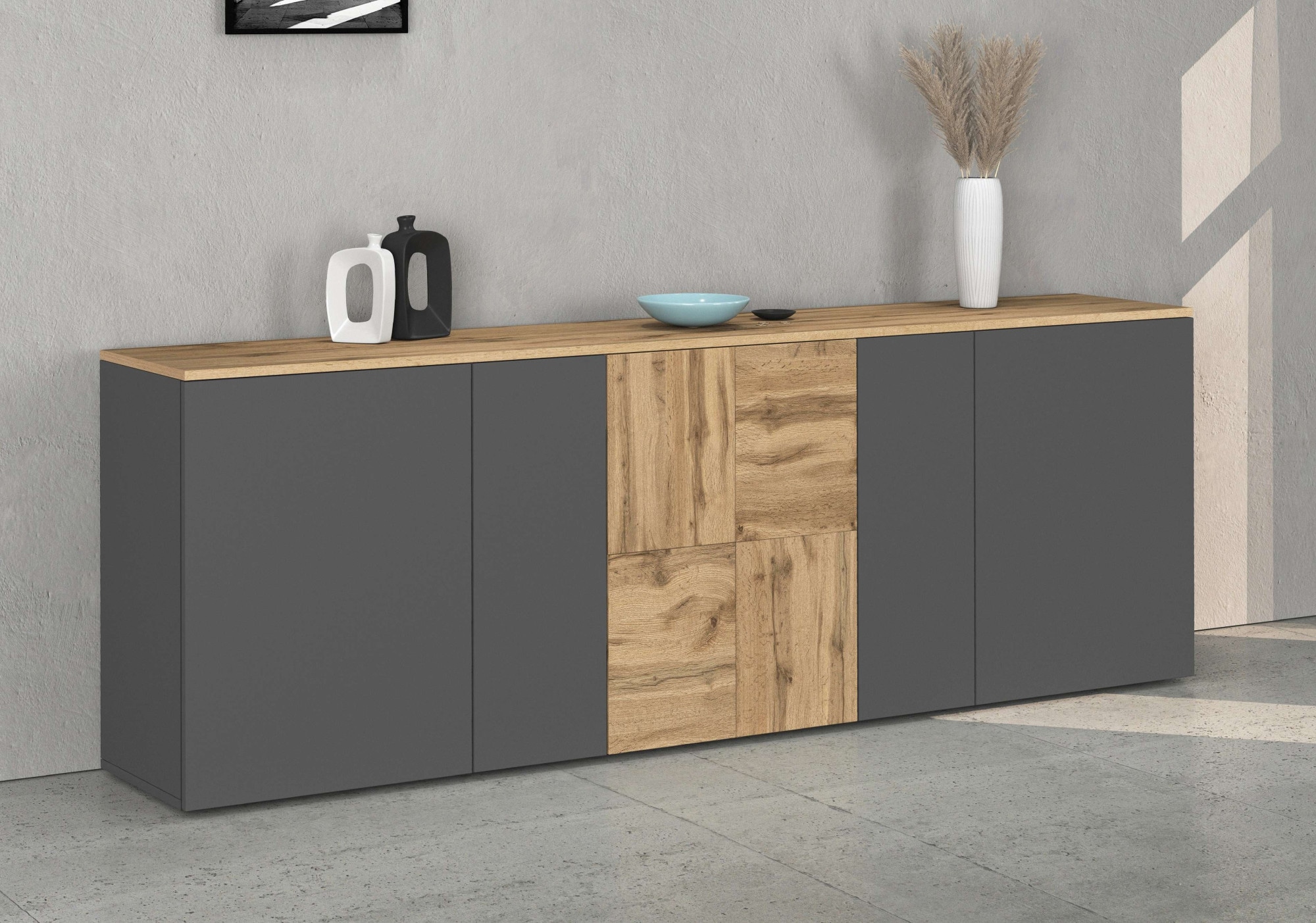 GOODproduct Sideboard »ISEO, Kommode, Schrank, Sideboard, Lowboard, 6 Fächer, Breite 200 cm« 1 Stk. tlg. stehend/hängend, 5 Türen, 6 Fächer, Breite 200 cm