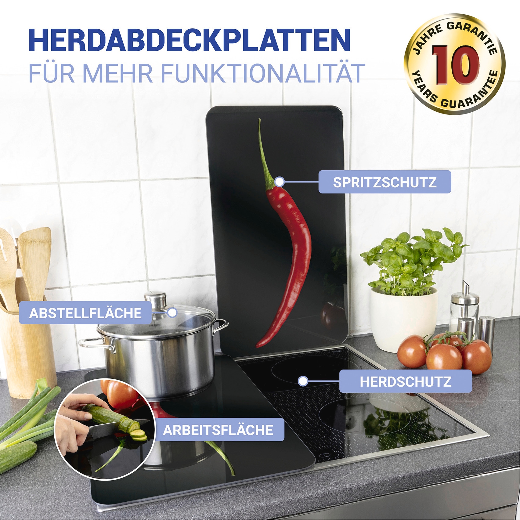 WENKO Herd-Abdeckplatte »Universal Modell Hot Peperoni«, (Set, 2 tlg.), Herdabdeckung für alle Herdarten, kratzfest, mit rutschfesten Füssen