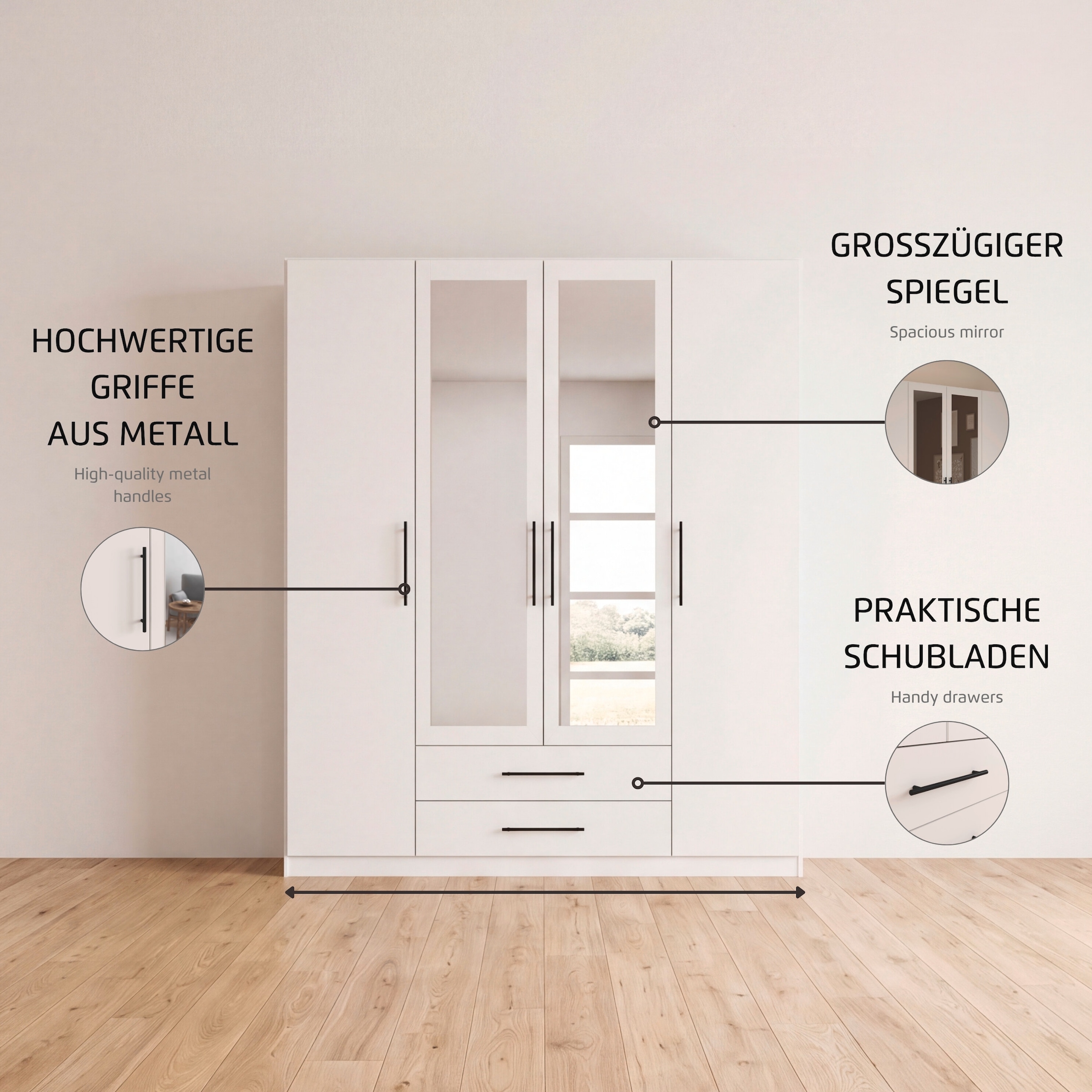 rauch Kleiderschrank »Mehrzweckschrank Schrank Garderobe Wäscheschrank Schlafzimmer GAMMA« 3 verschiedene Ausstattungen BASIC/CLASSIC/PREMIUM (inkl. SOFT-CLOSE),  Weiss, 181 cm, 2 Schubladen, Stangengriff Schwarz MADE IN GERMANY
