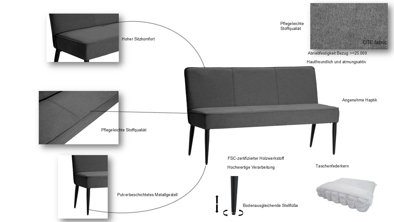 GOODproduct Polsterbank »Lenzrose,« Esszimmerbank, Bank,,  mit Taschenfederkern, schwarzes Metallgestell, Breite 142 cm