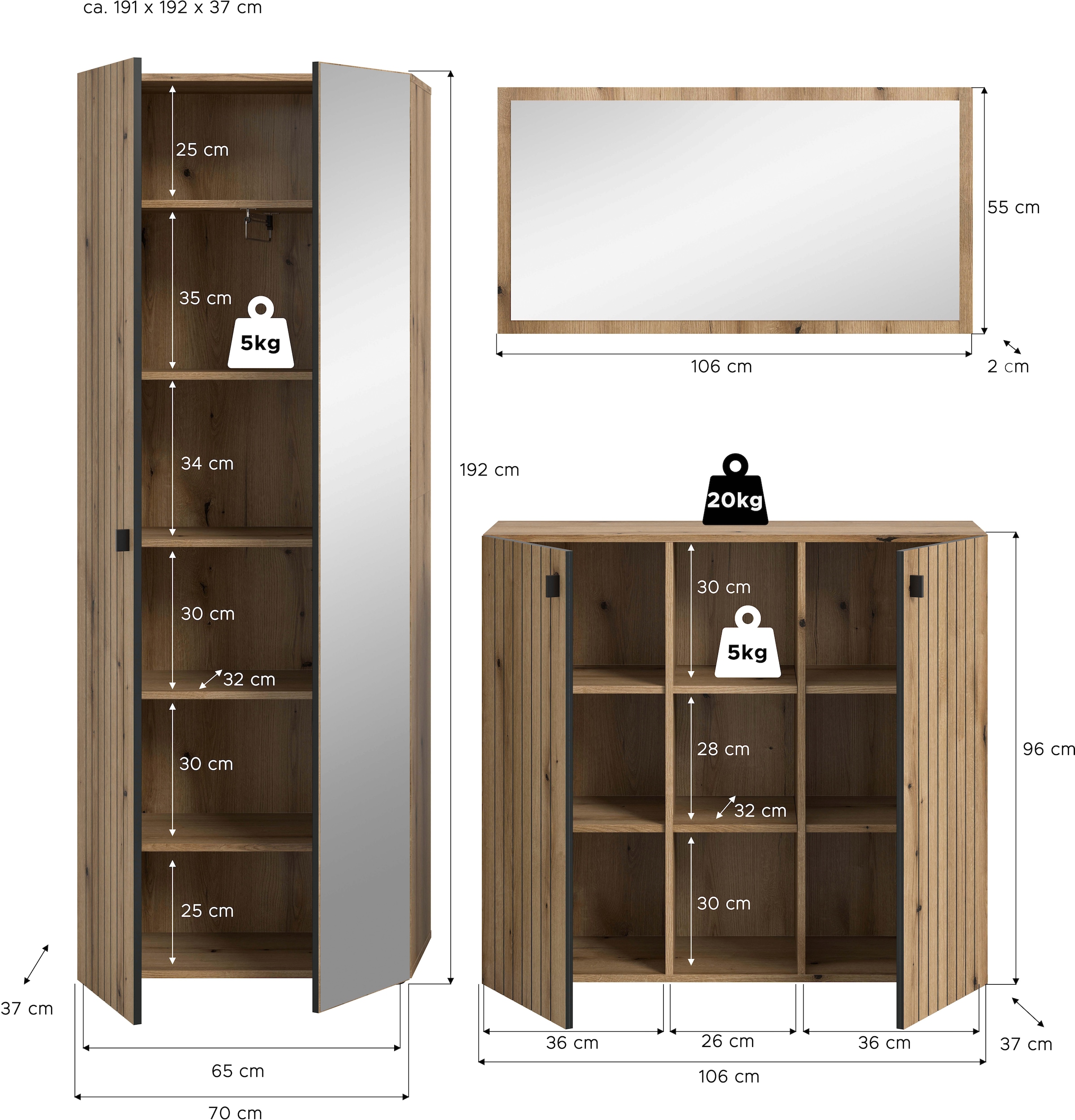 Home affaire Ensemble de vestiaires »TATIO, 3-tlg. Garderobenkombination, Breite: 191 cm, Rillenfräsung« Set, Set, best. aus: 1 Spiegel, 1 Garderobenschrank, 1 Schuhkommode, 3 cuis tlg.